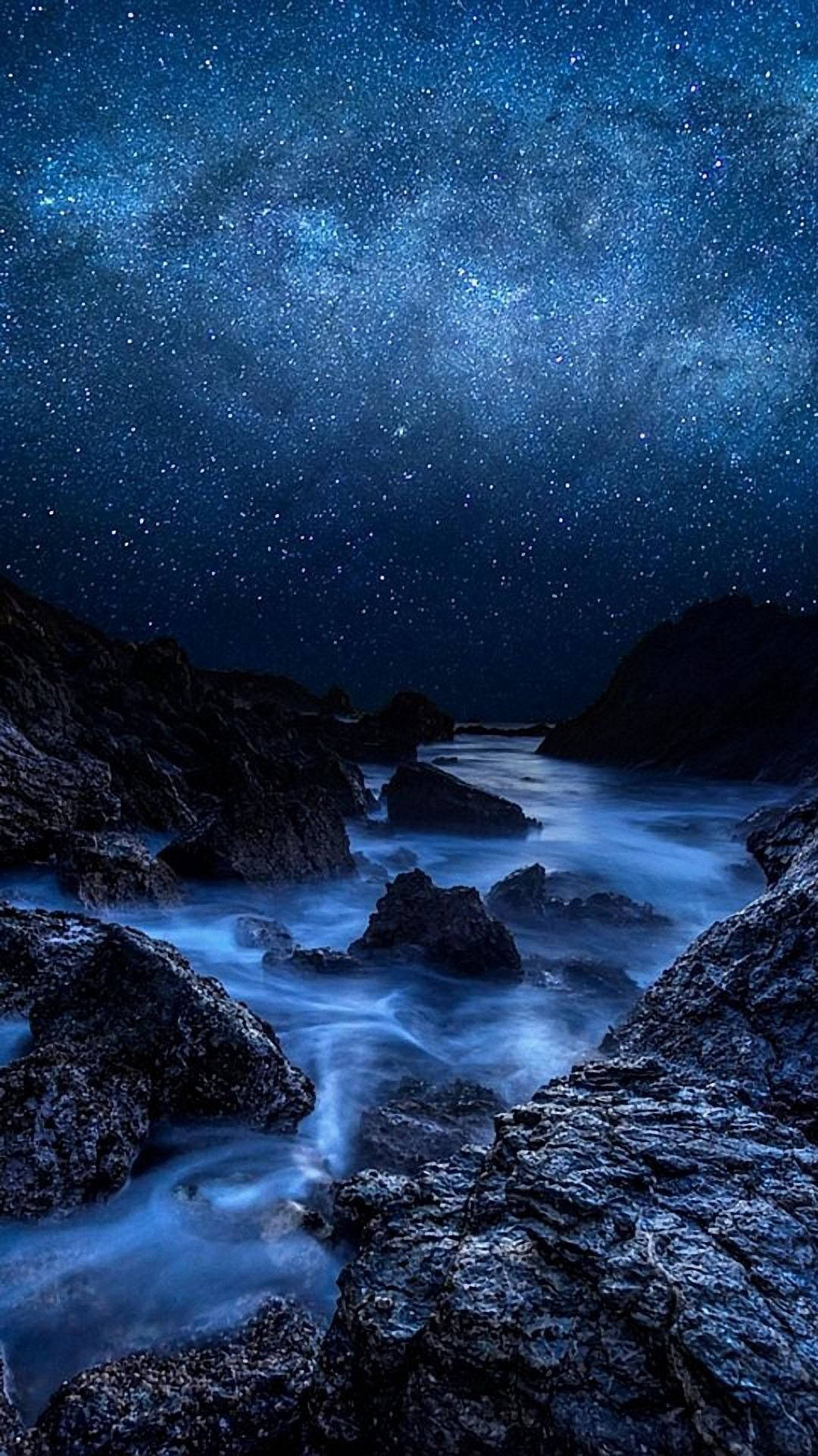 Full HD Tablet, blue stream, starry night sky, Full HD Phone Wallpaper