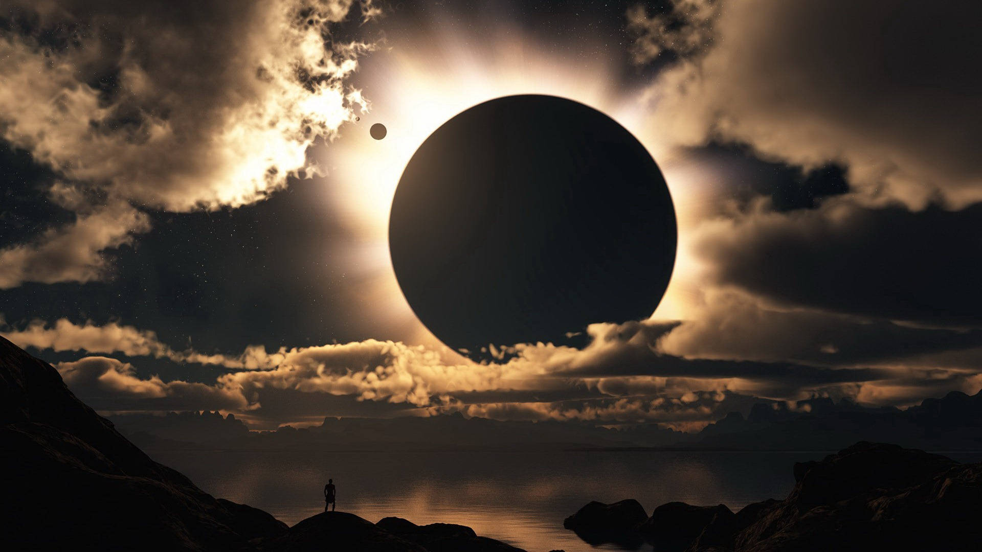 Full HD Tablet, solar eclipse, rocky shore, Full HD Desktop Wallpaper
