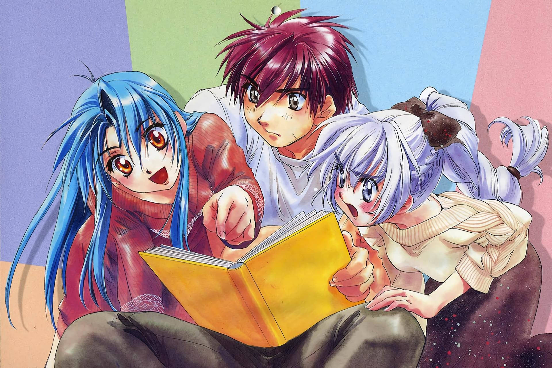 Full Metal Panic, yellow book, pastel geometric background, Full HD Desktop Wallpaper