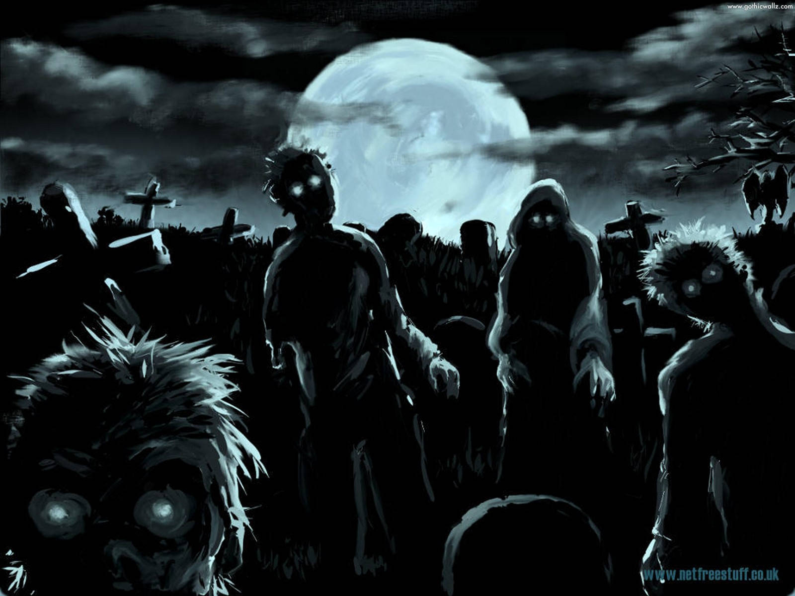 zombie apocalypse, full moon, gloomy graveyard, HD Desktop Wallpaper