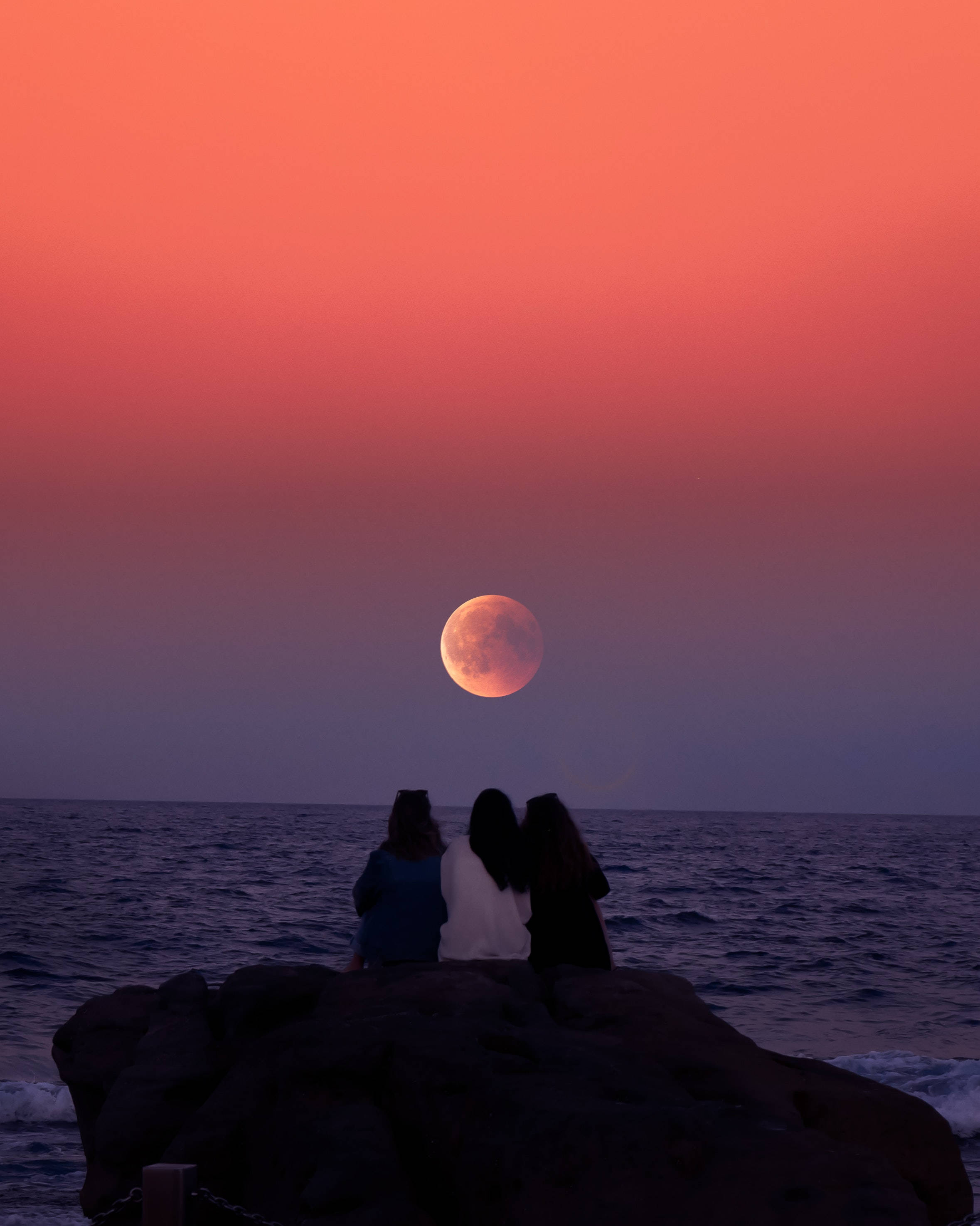 Full Moon Sunset, glowing orange moon, dusk, 2K Phone Wallpaper