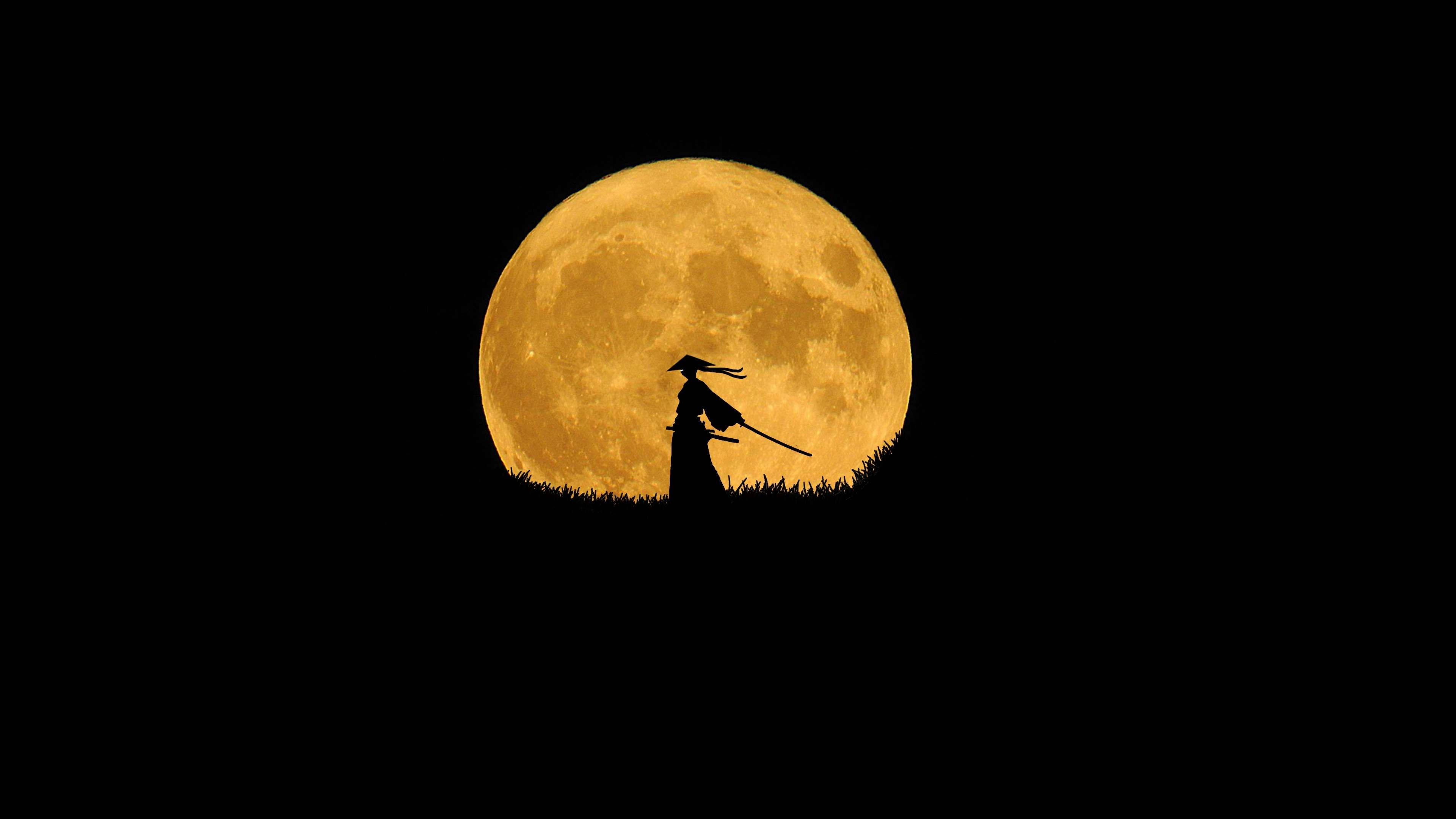 Moon 4K Warrior, samurai warrior, full moon, 4K Desktop Wallpaper