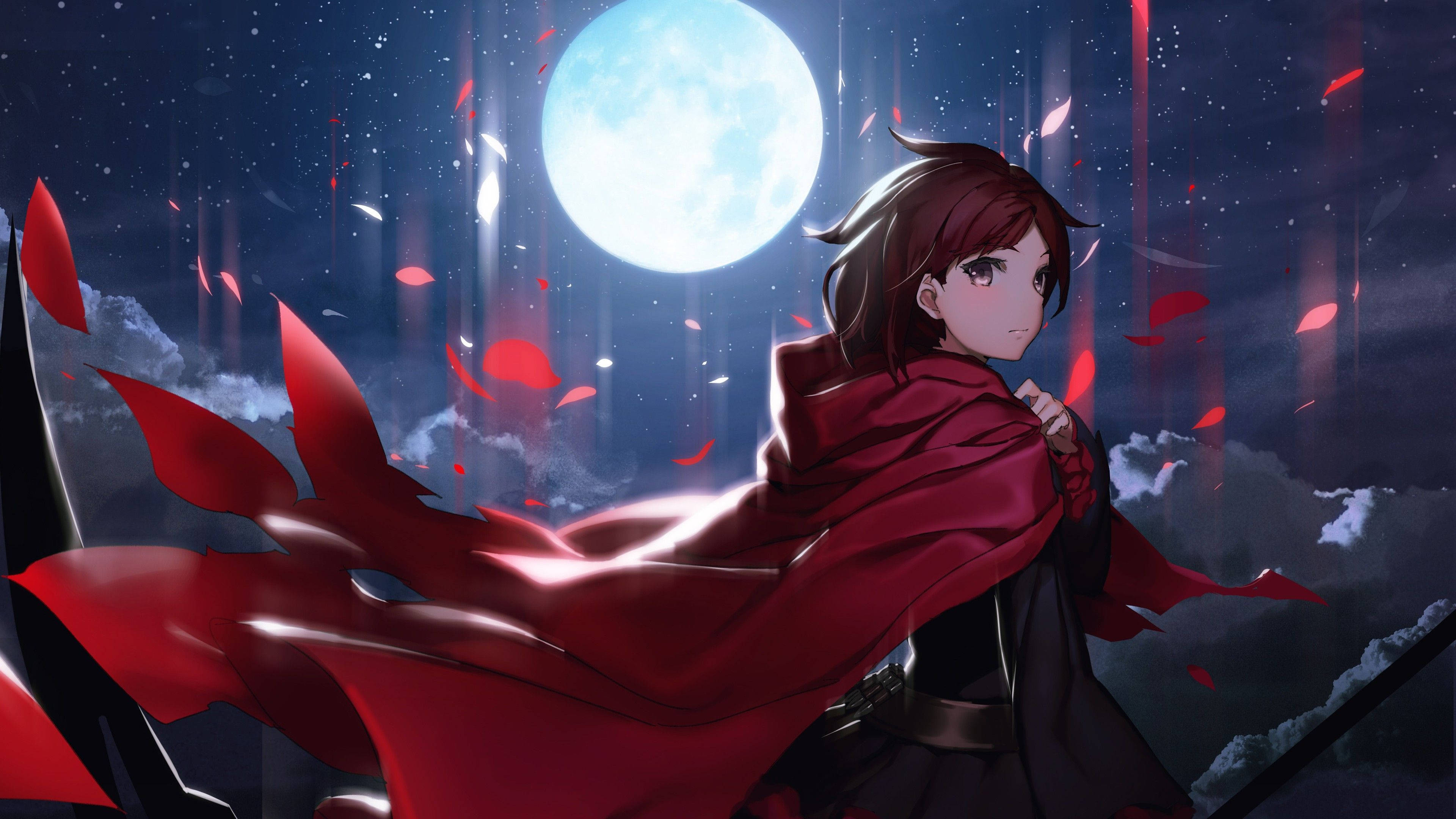 anime girl, red cloak, full moon, 4K Desktop Wallpaper