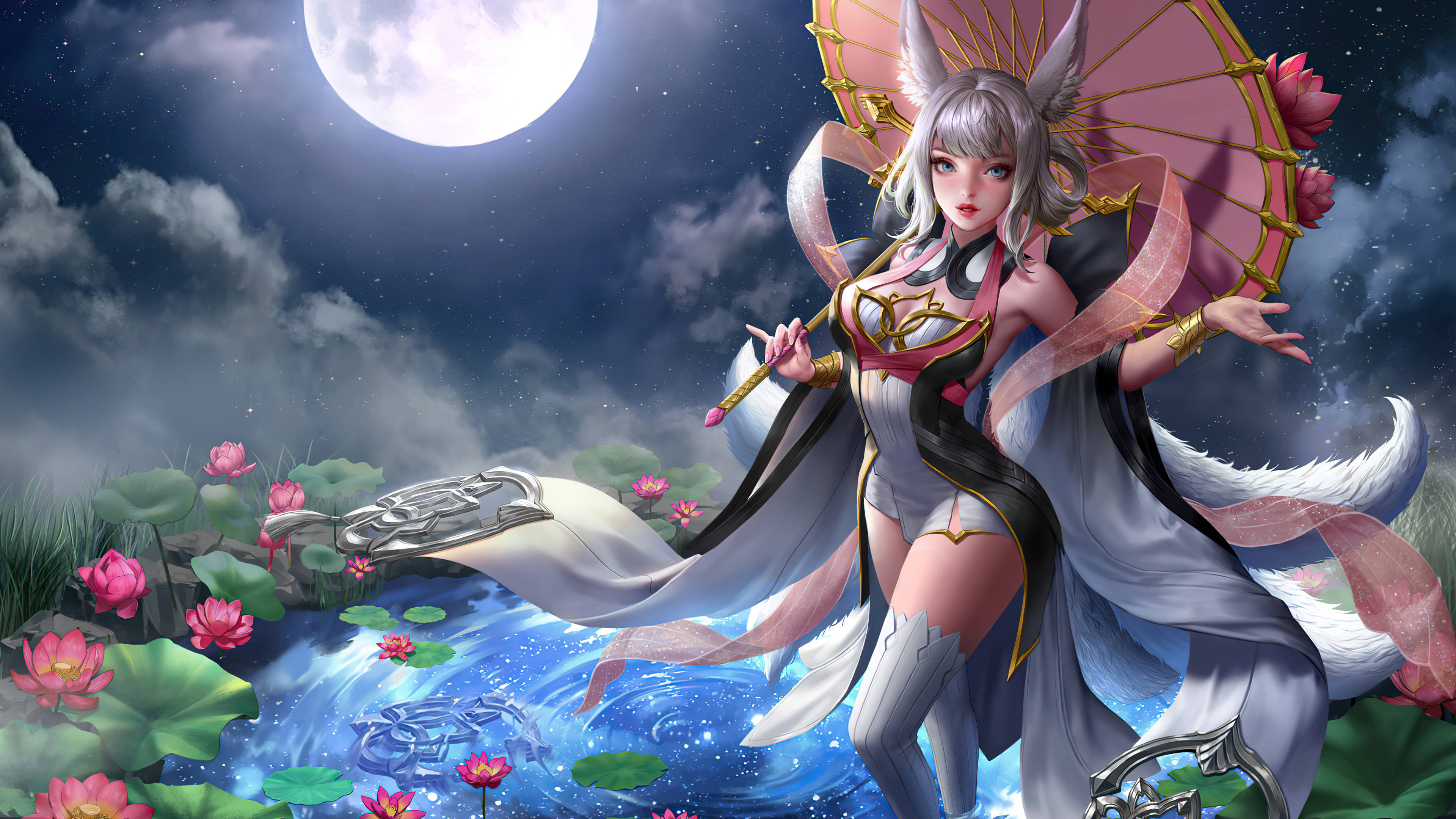 moon 4k kitsune anime girl, fox spirit maiden, silver hair, 4K Desktop Wallpaper