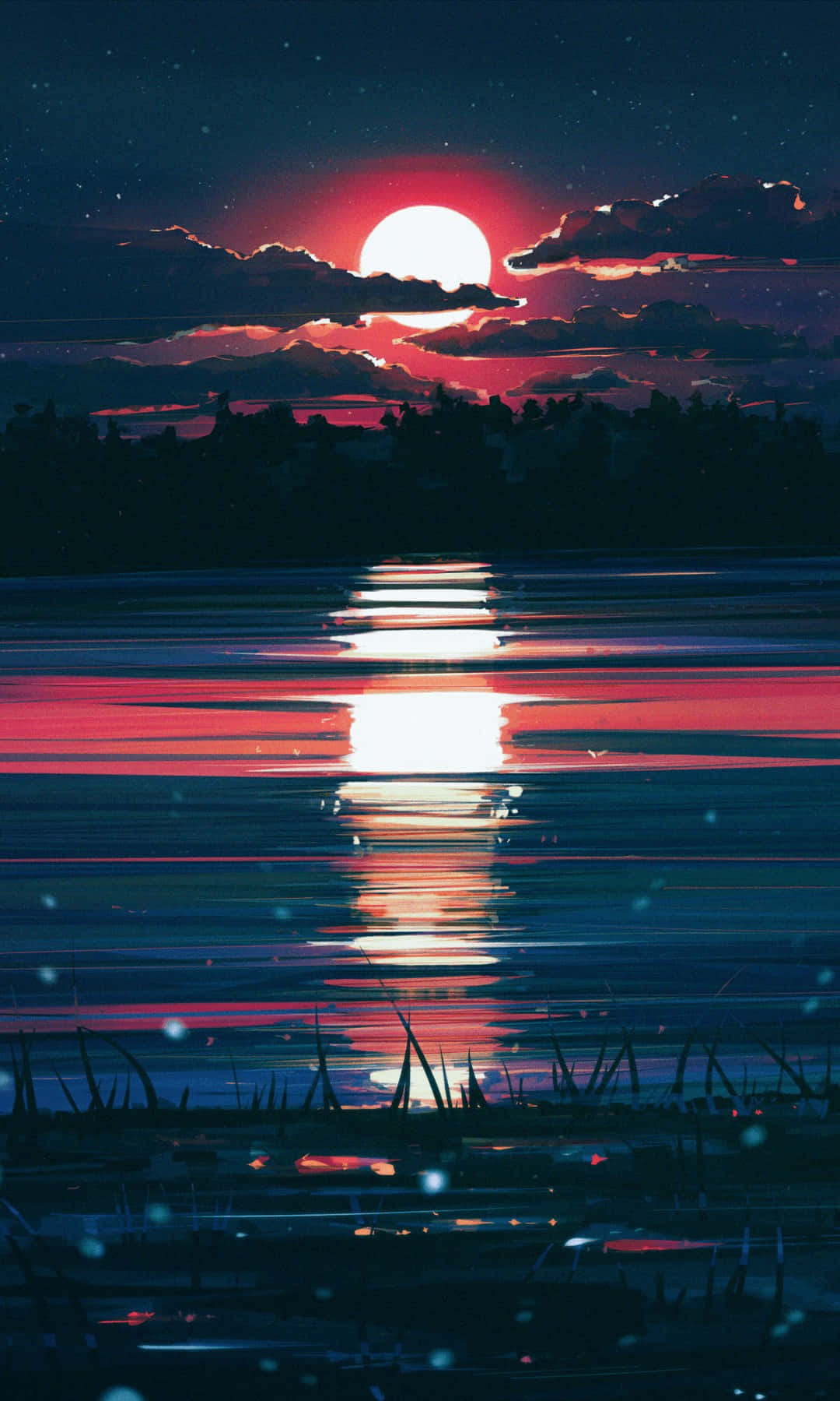 Large Moon, glowing red moon, dark water surface, HD Phone Wallpaper