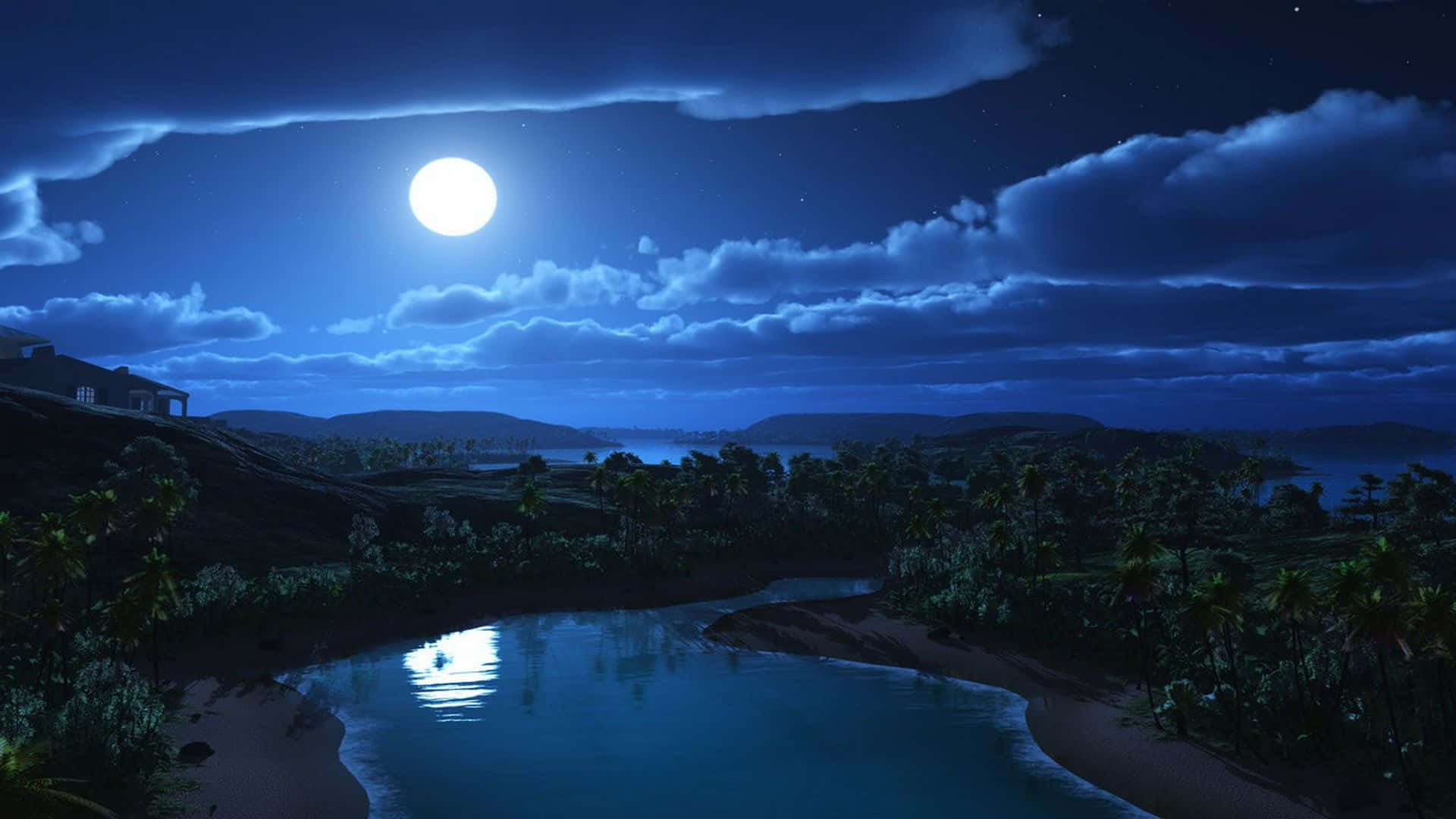 Blue Moon, full moon, tropical bay, Full HD Desktop Wallpaper