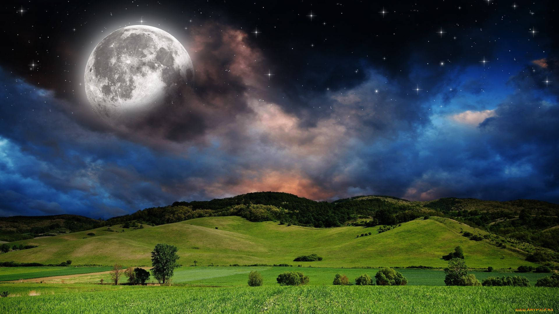 full moon, natural grass field, rolling green hills, Full HD Desktop Wallpaper