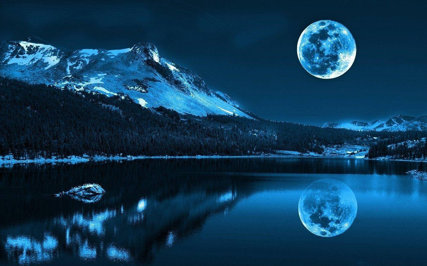 full moon, calm lake, snow-capped mountains, HD Desktop Wallpaper