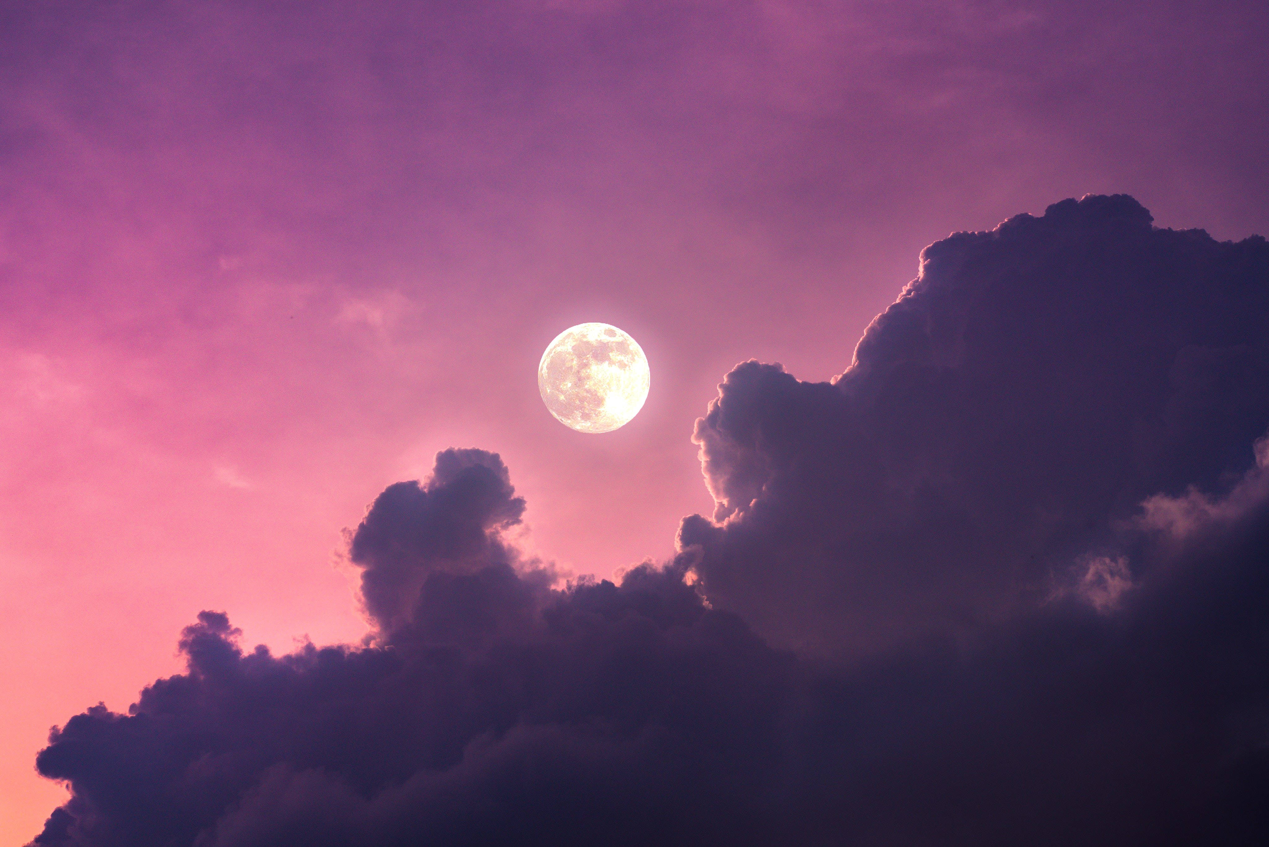 full moon, pastel sky, purple clouds, 4K Desktop Wallpaper