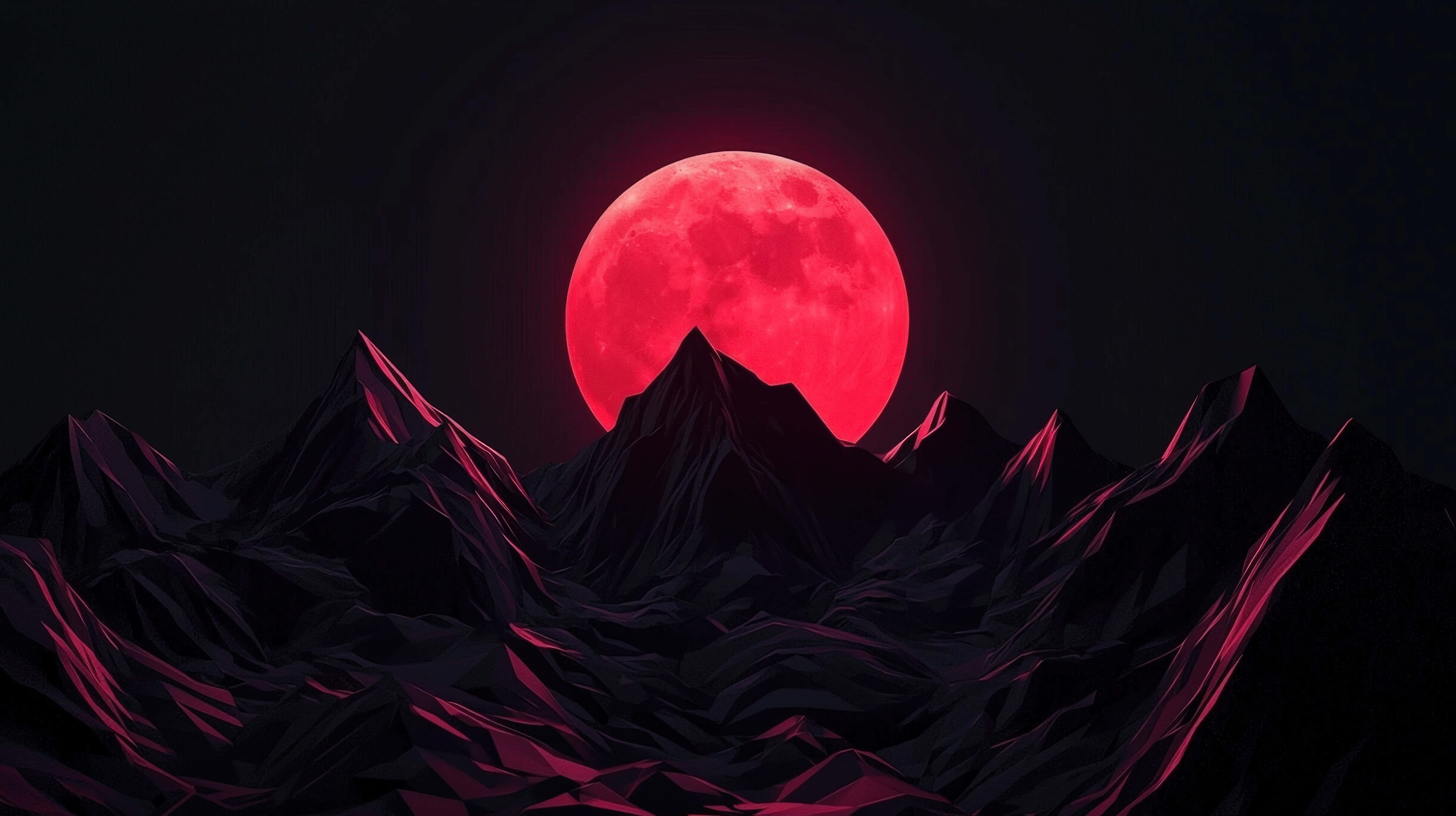 glowing red full moon, jagged mountain peaks, crimson moon, 8K Desktop Wallpaper