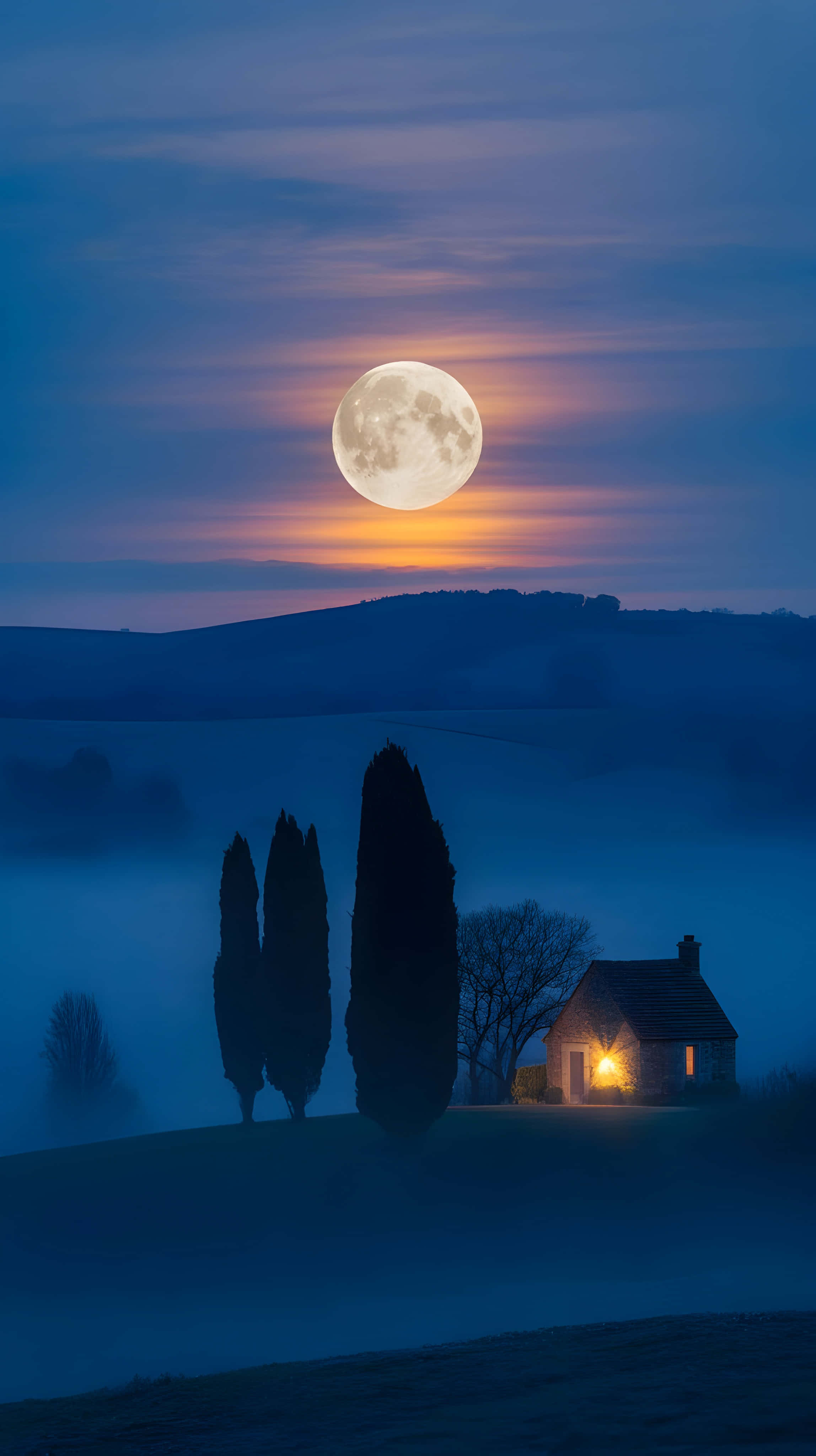 full moon, foggy countryside, misty valley, 4K Phone Wallpaper