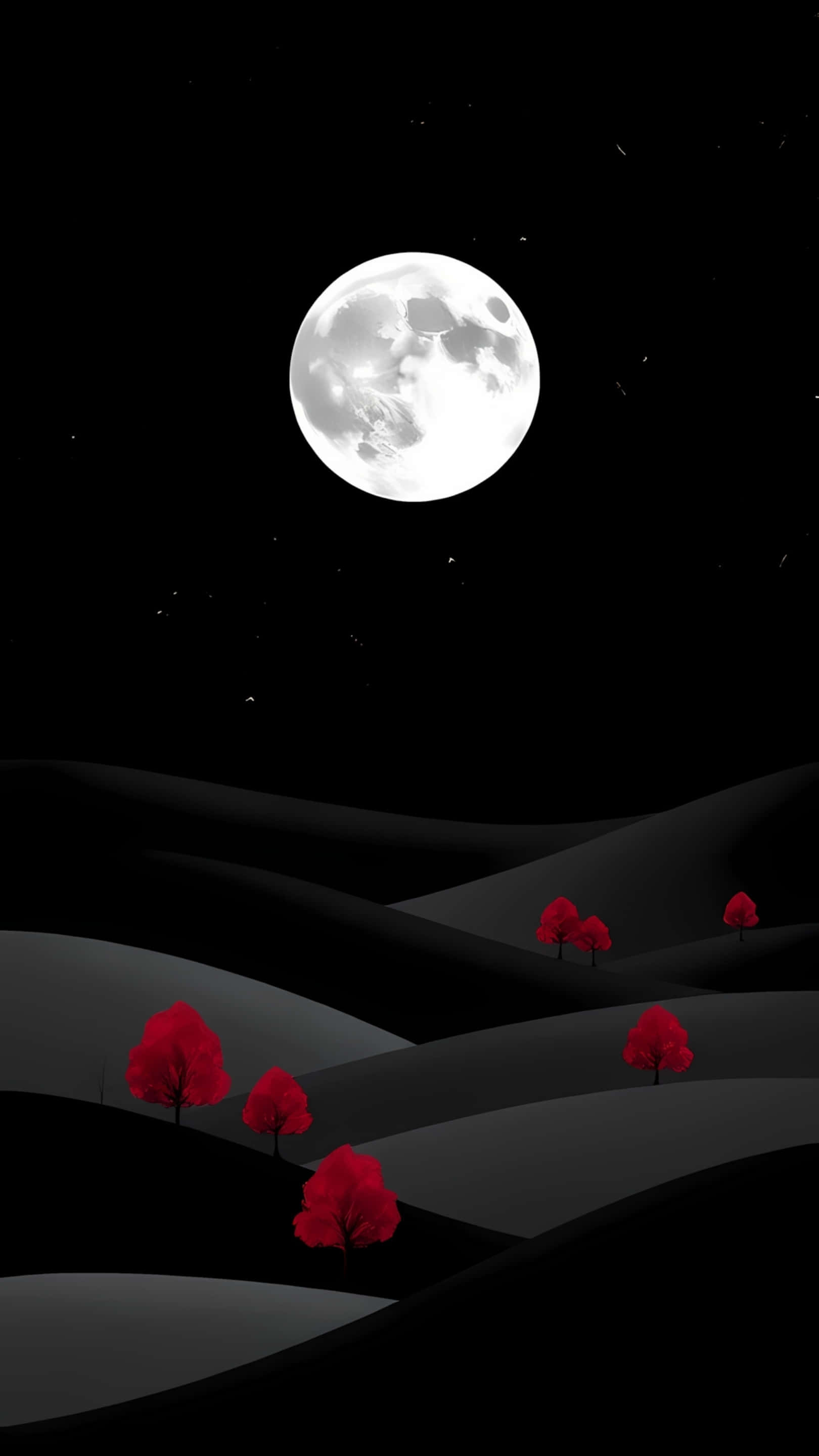 Full Moon, dark hills, red trees, 2K Phone Wallpaper