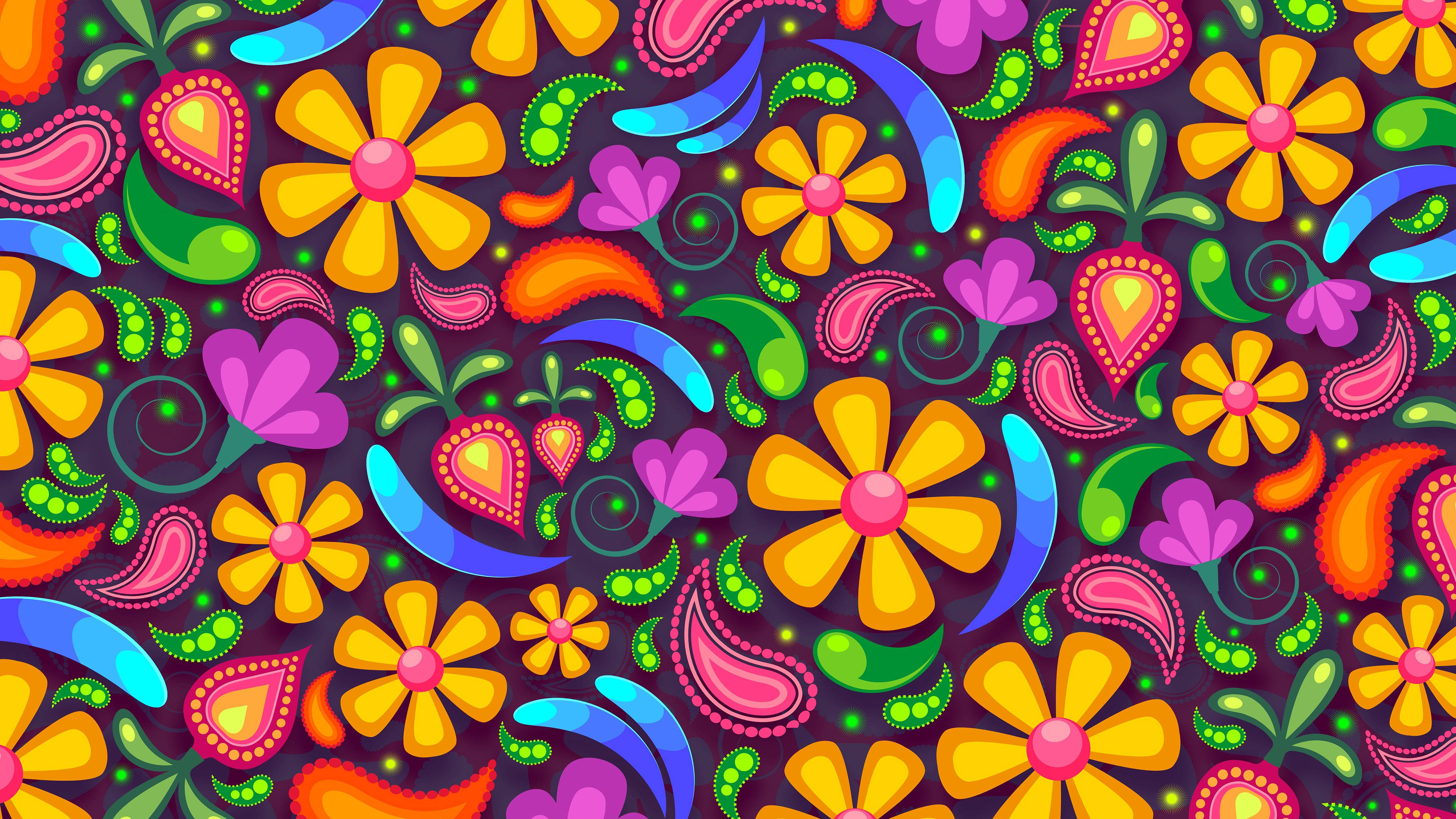 Full Screen 4K Flowers, hippie, vibrant cartoon flowers, 4K Desktop Wallpaper