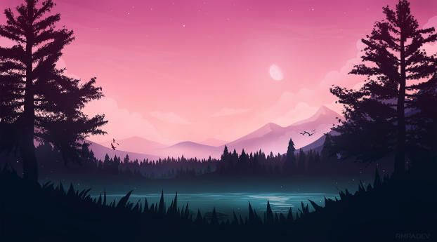 pink vector, twilight landscape, silhouetted pine trees, SD Desktop Wallpaper