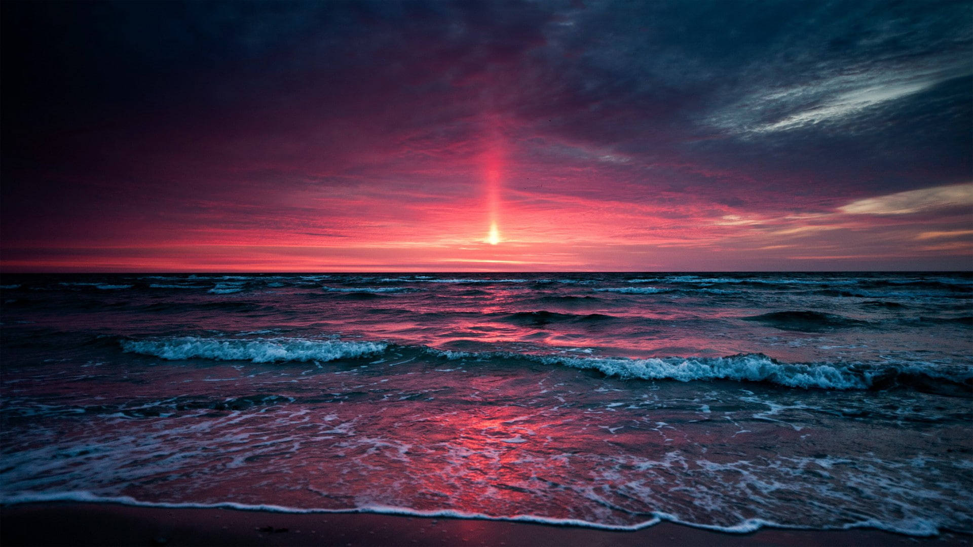 Sea Sunset, ocean, fiery red, Full HD Desktop Wallpaper
