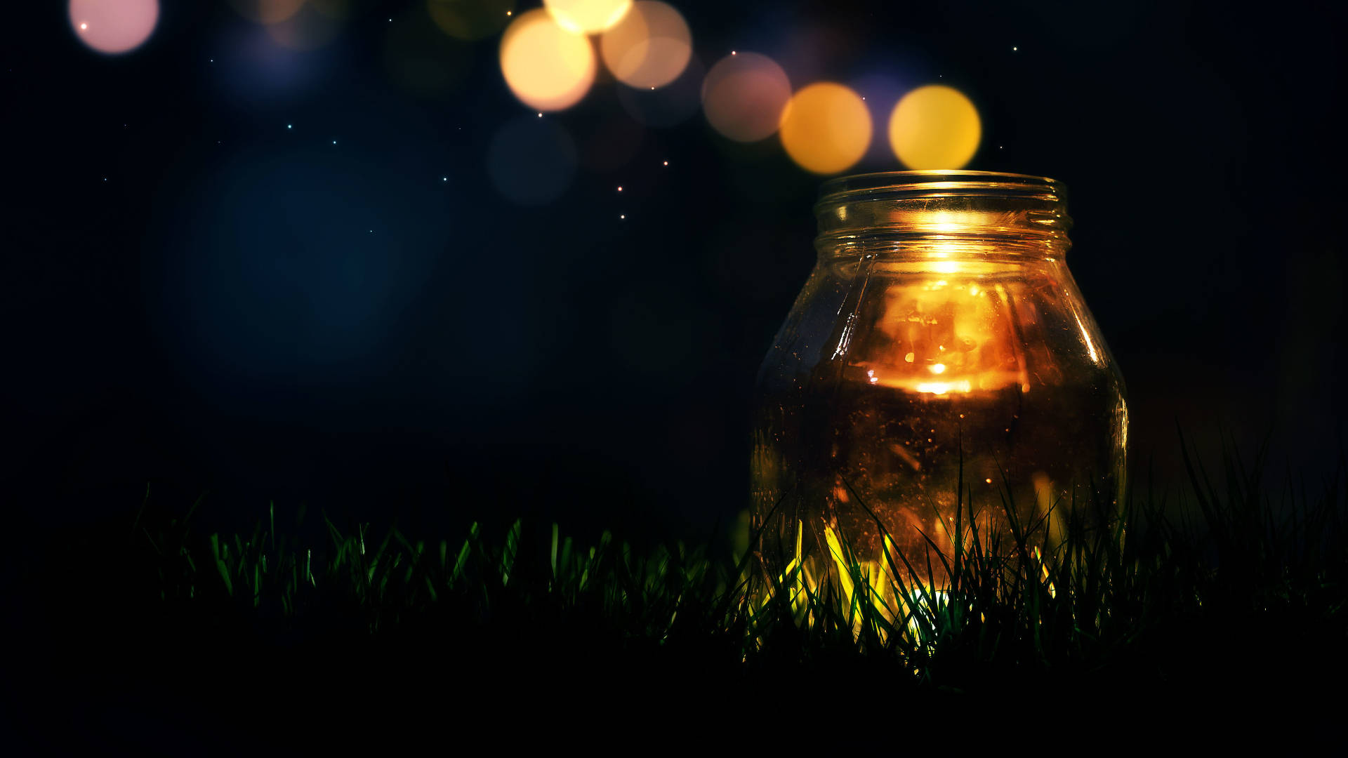 Glass Jar, starry night sky, warm bokeh lights, Full HD Desktop Wallpaper