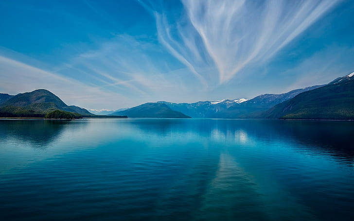 alpine lake, snow-capped mountains, wispy clouds, SD Desktop Wallpaper