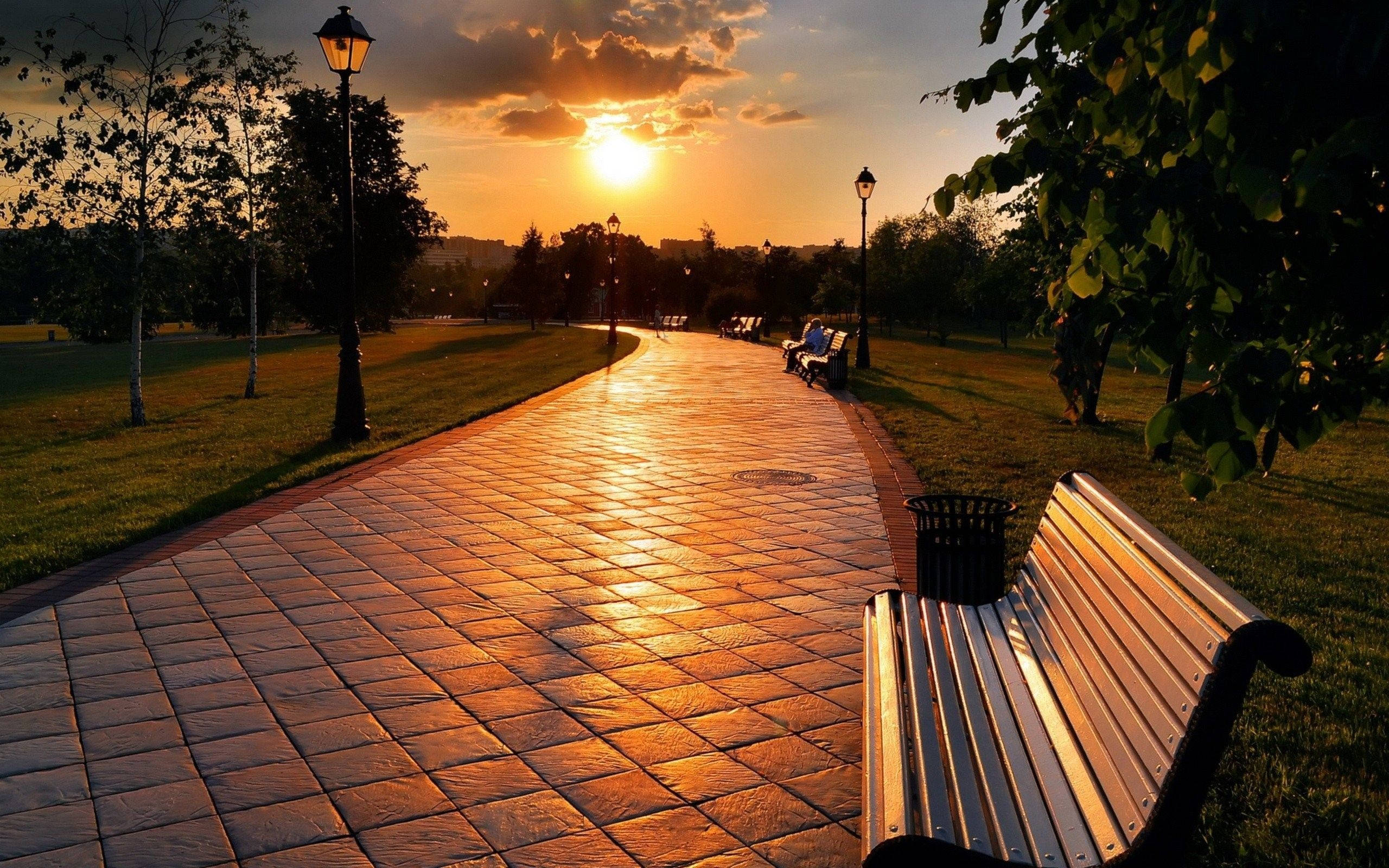Sunset, park pathway, bench, 2K Desktop Wallpaper