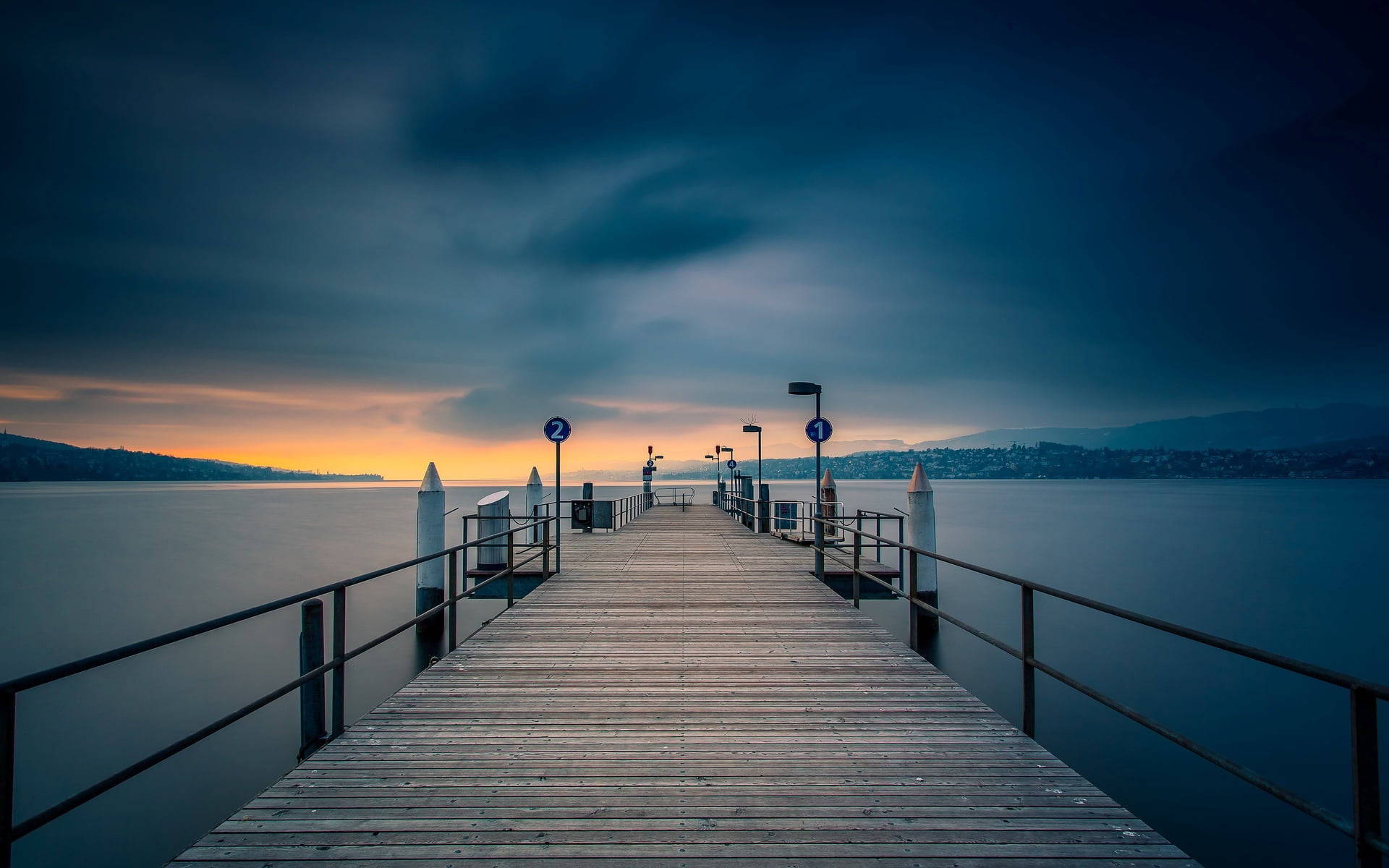 Beach Deck, long wooden pier, calm lake, Full HD Desktop Wallpaper