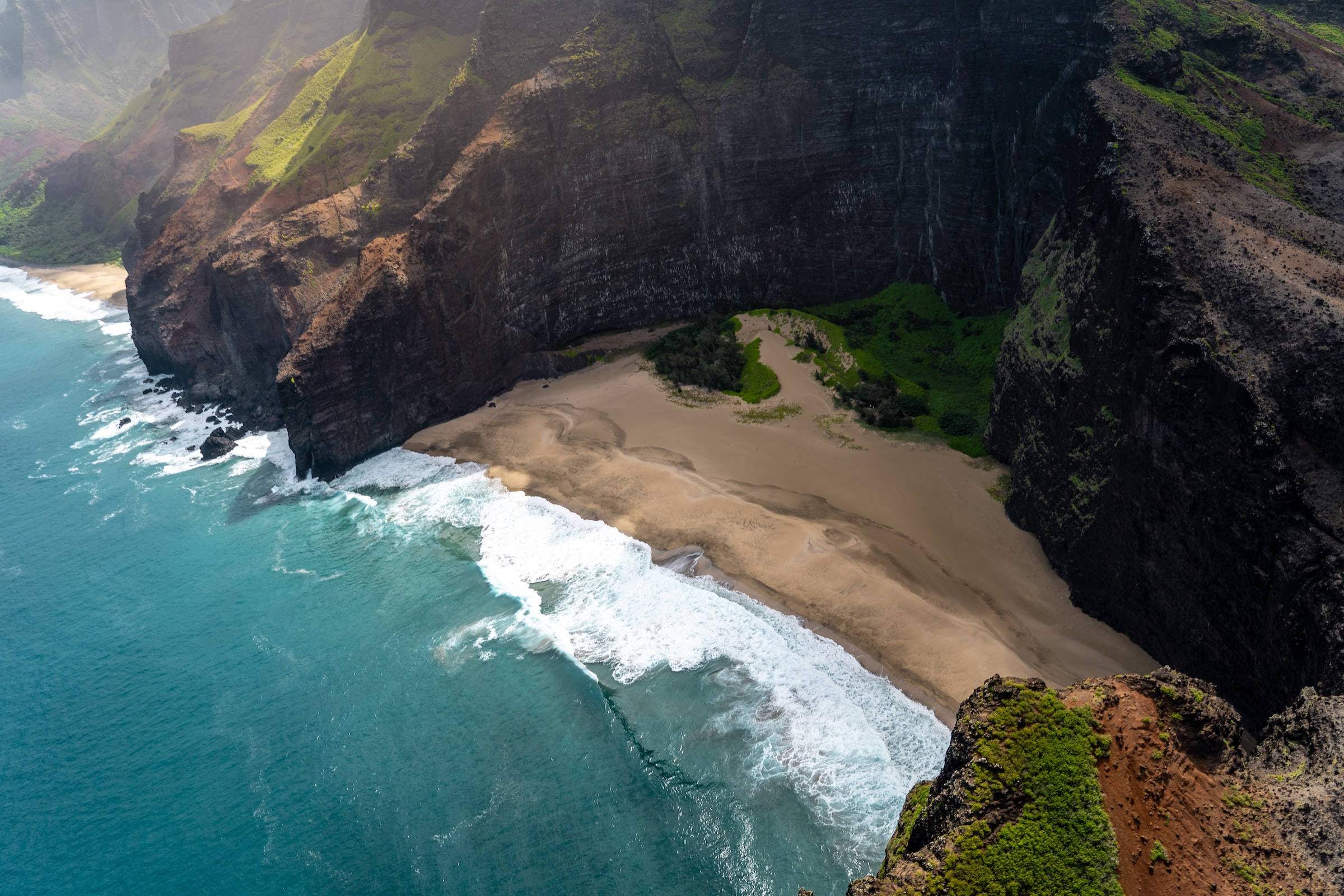 beach, mountain, turquoise waves, Full HD Desktop Wallpaper