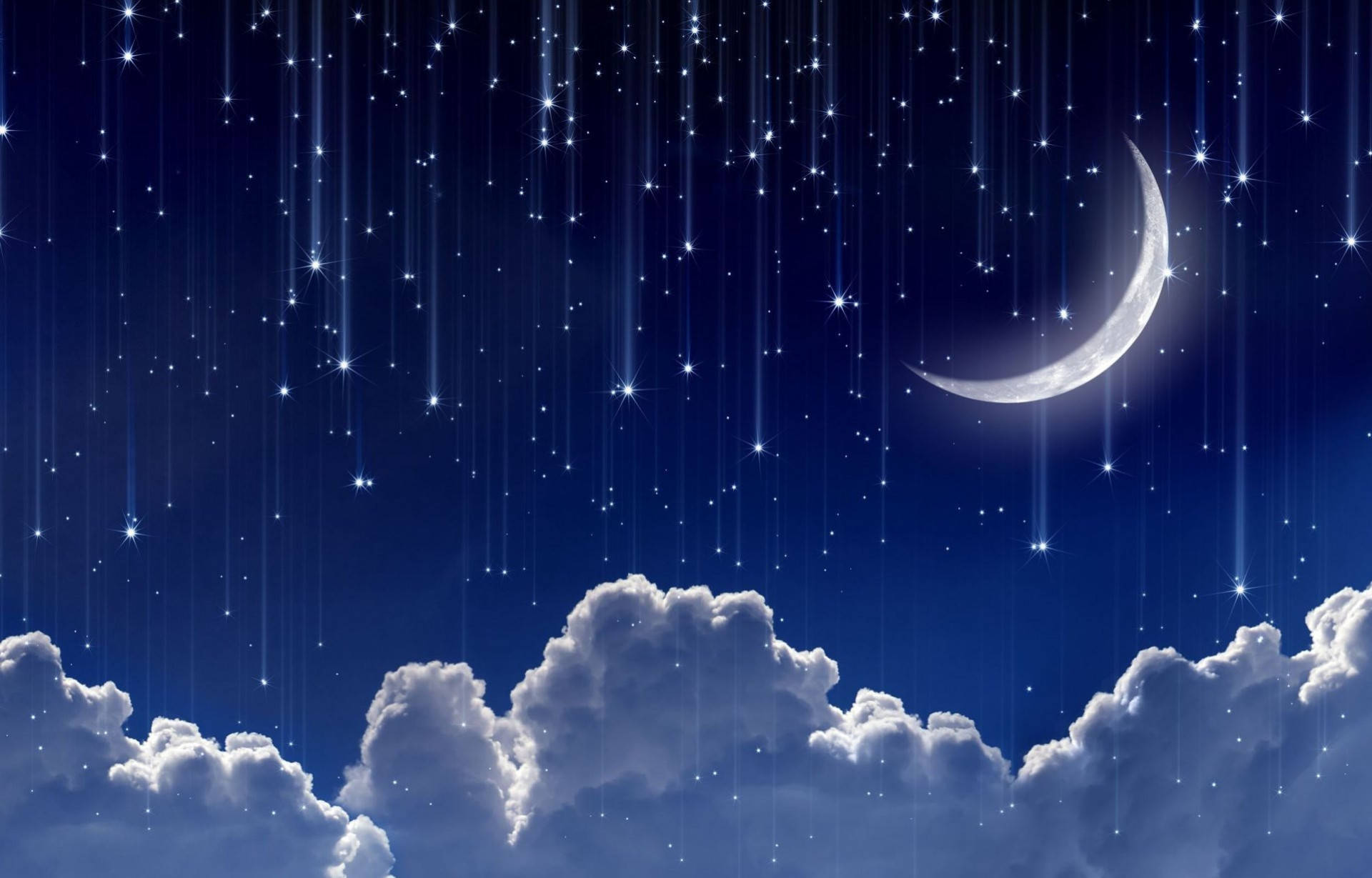 crescent moon, sparkling stars, fluffy white clouds, Full HD Desktop Wallpaper