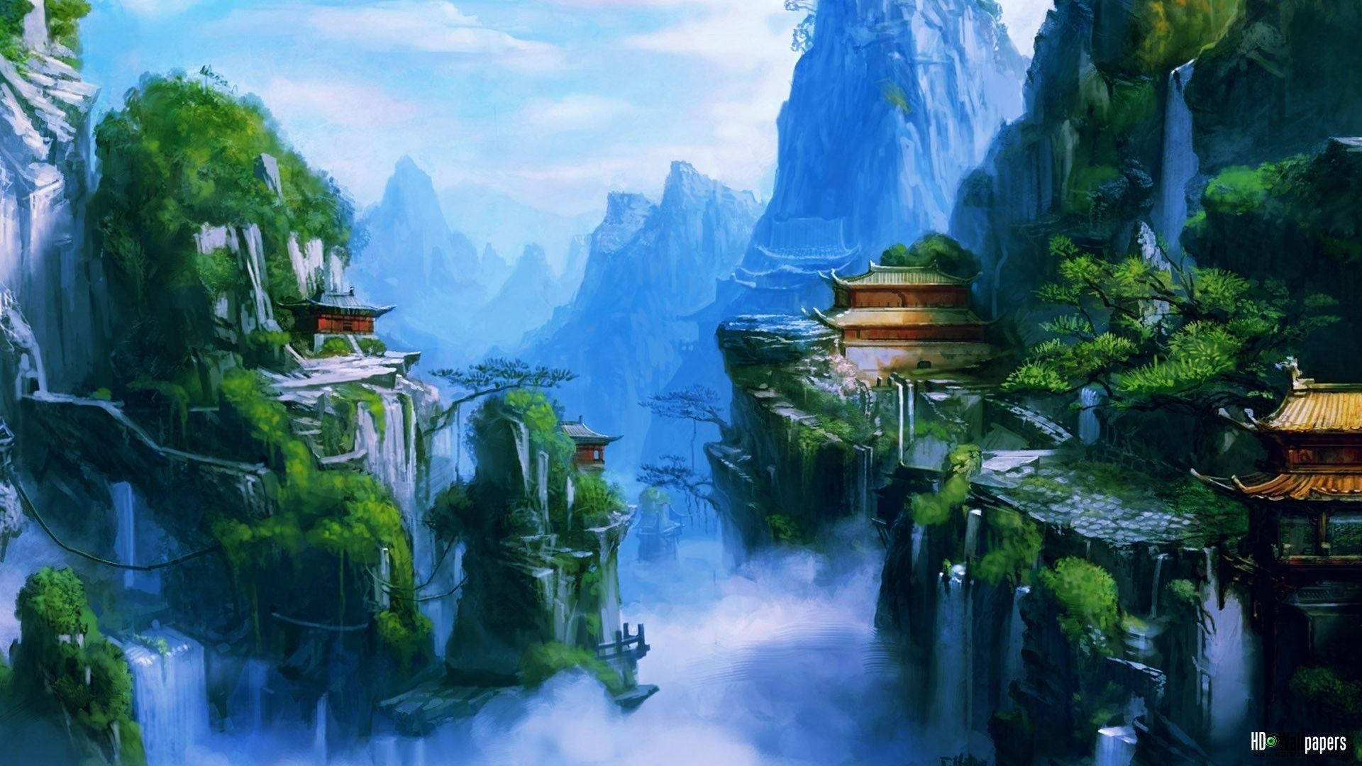 Ancient oriental temples, misty cliffside peaks, cascading waterfalls, Full HD Desktop Wallpaper