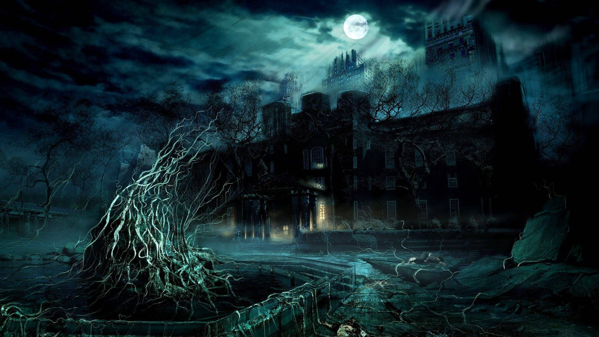 Full Screen HD, haunted asylum, full moon, Full HD Desktop Wallpaper