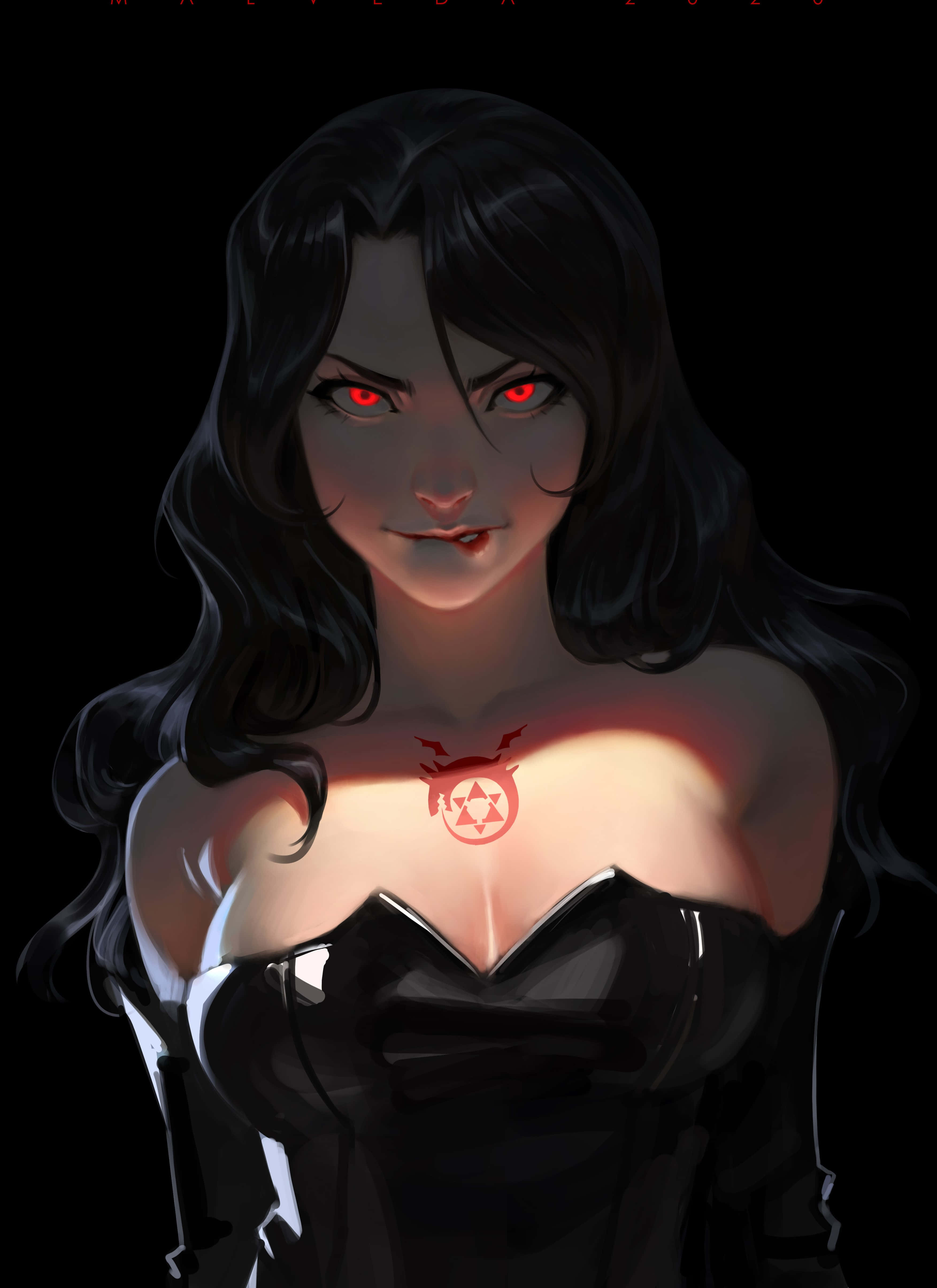 Fullmetal Alchemist Lust, dark-haired anime woman, glowing red eyes, 4K Phone Wallpaper