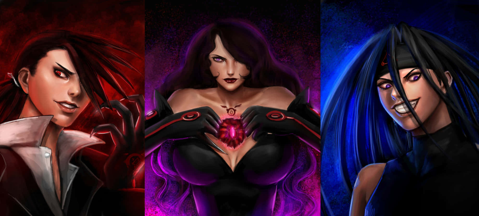 Fullmetal Alchemist Lust, anime-style female characters, dramatic red purple and blue backgrounds, Full HD Desktop Wallpaper