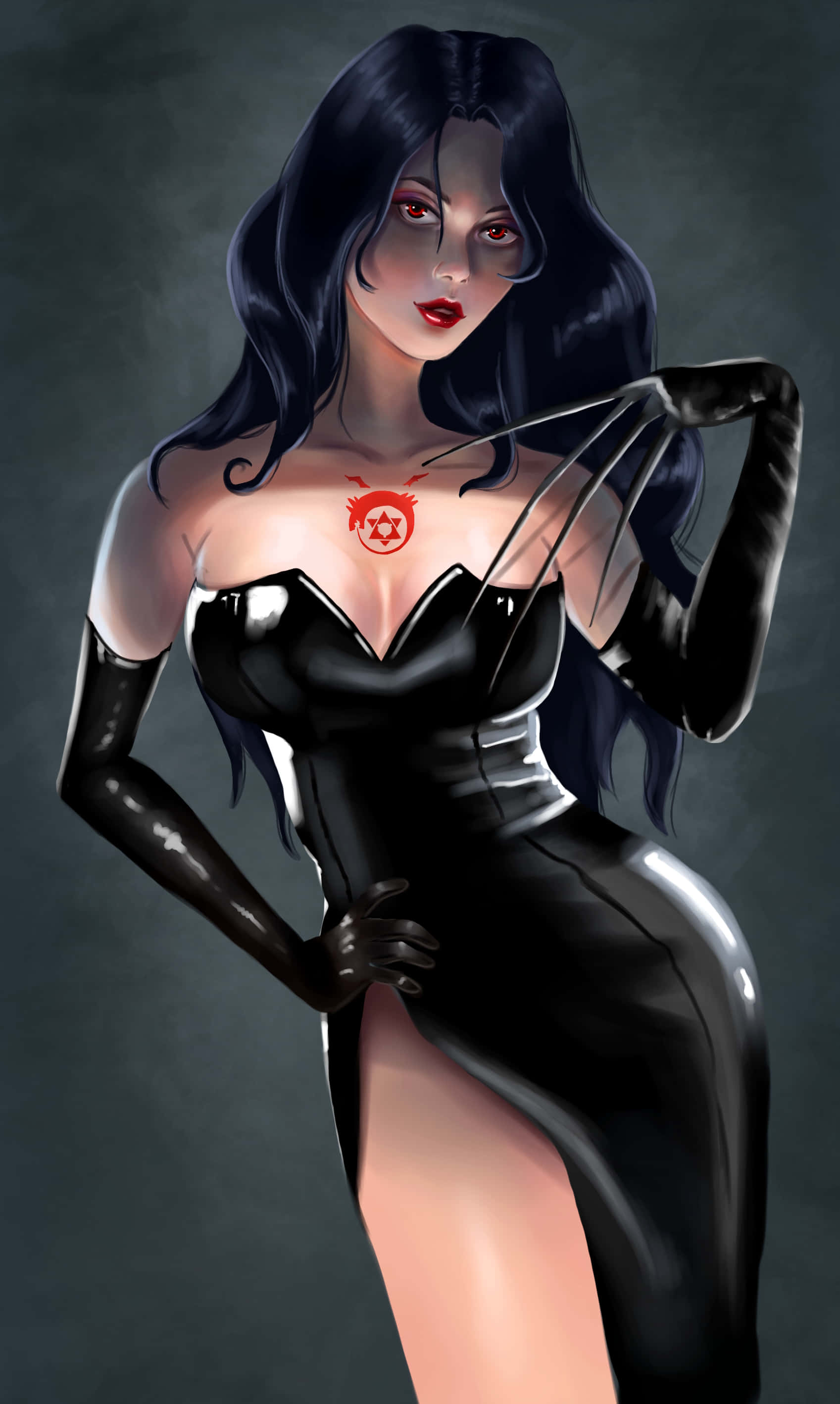 Fullmetal Alchemist Lust, long black hair, red eyes, 2K Phone Wallpaper