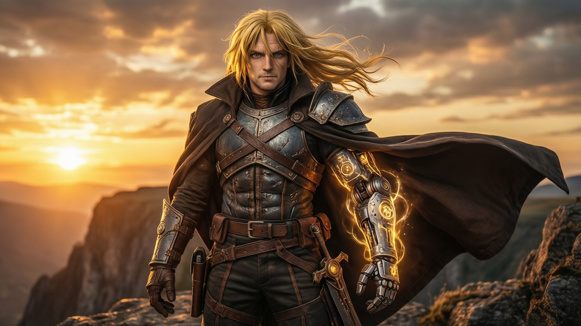 Alchemist, Sunset, Blond warrior, Full HD Desktop Wallpaper