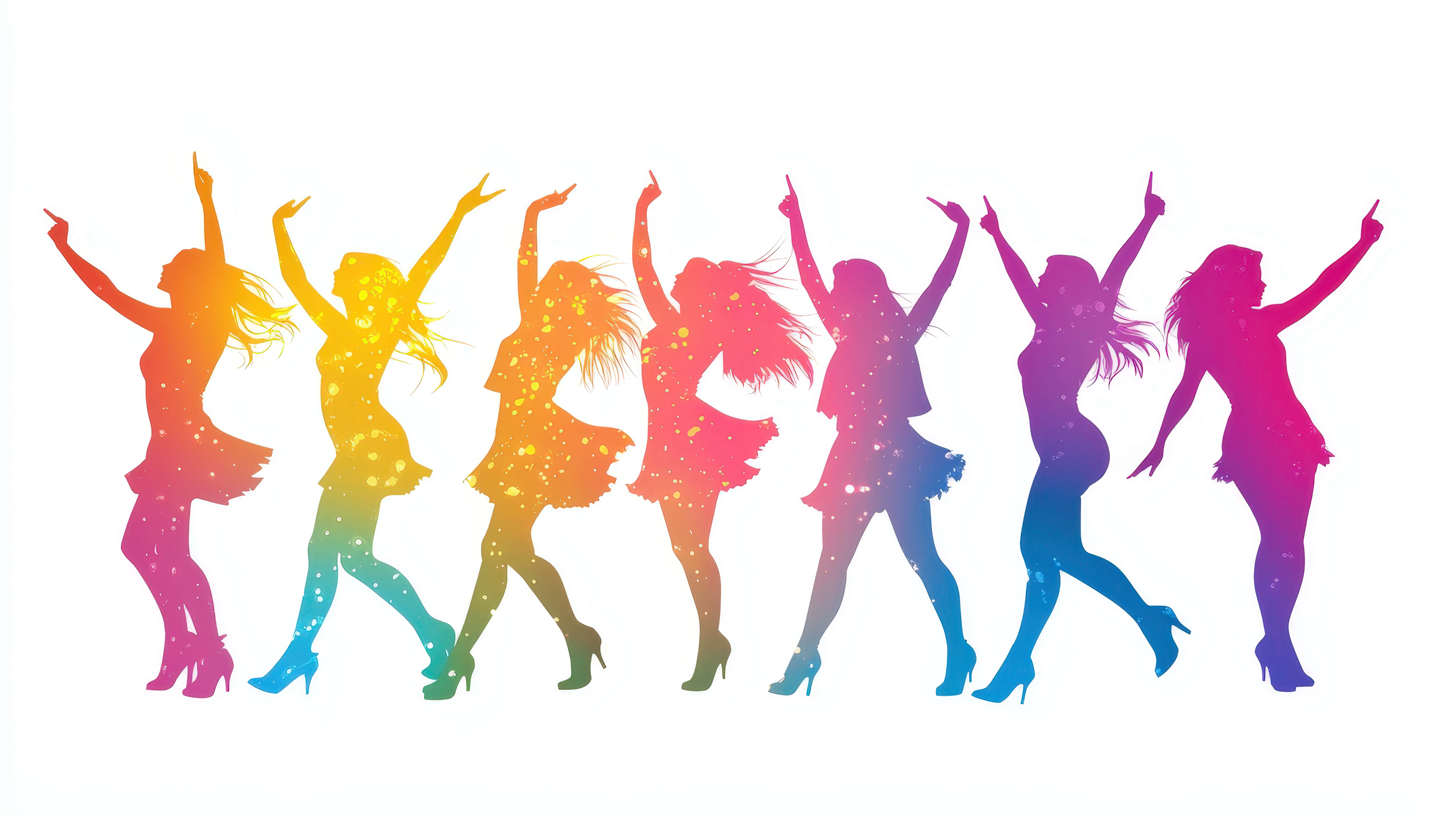 colorful female silhouettes, dancing joyfully, rainbow-gradient, 8K Desktop Wallpaper