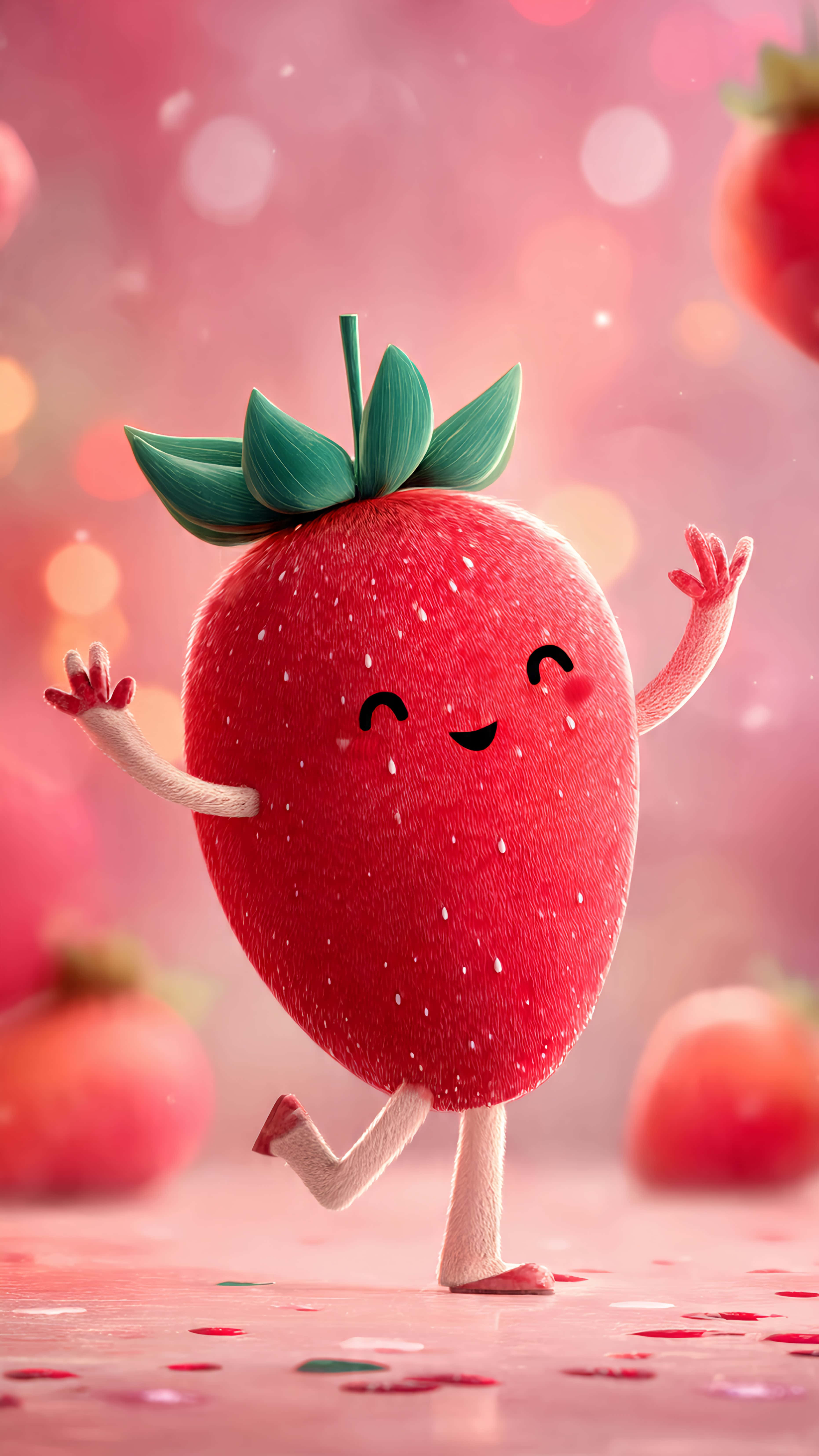 cute strawberry dancer, pink confetti floor, bokeh background, 5K Phone Wallpaper
