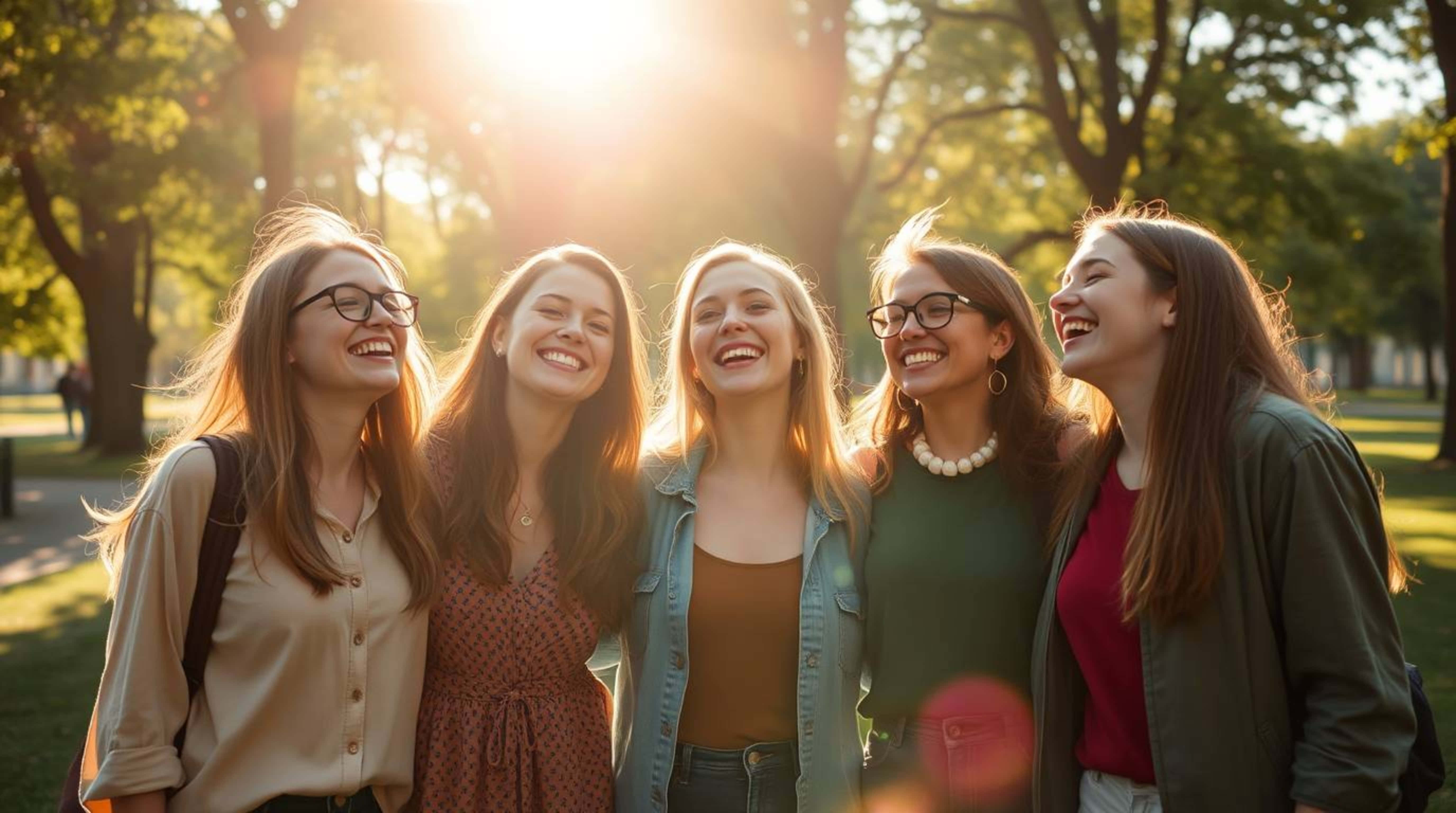 sunlit park, golden light flaring, five laughing young women, 5K Desktop Wallpaper