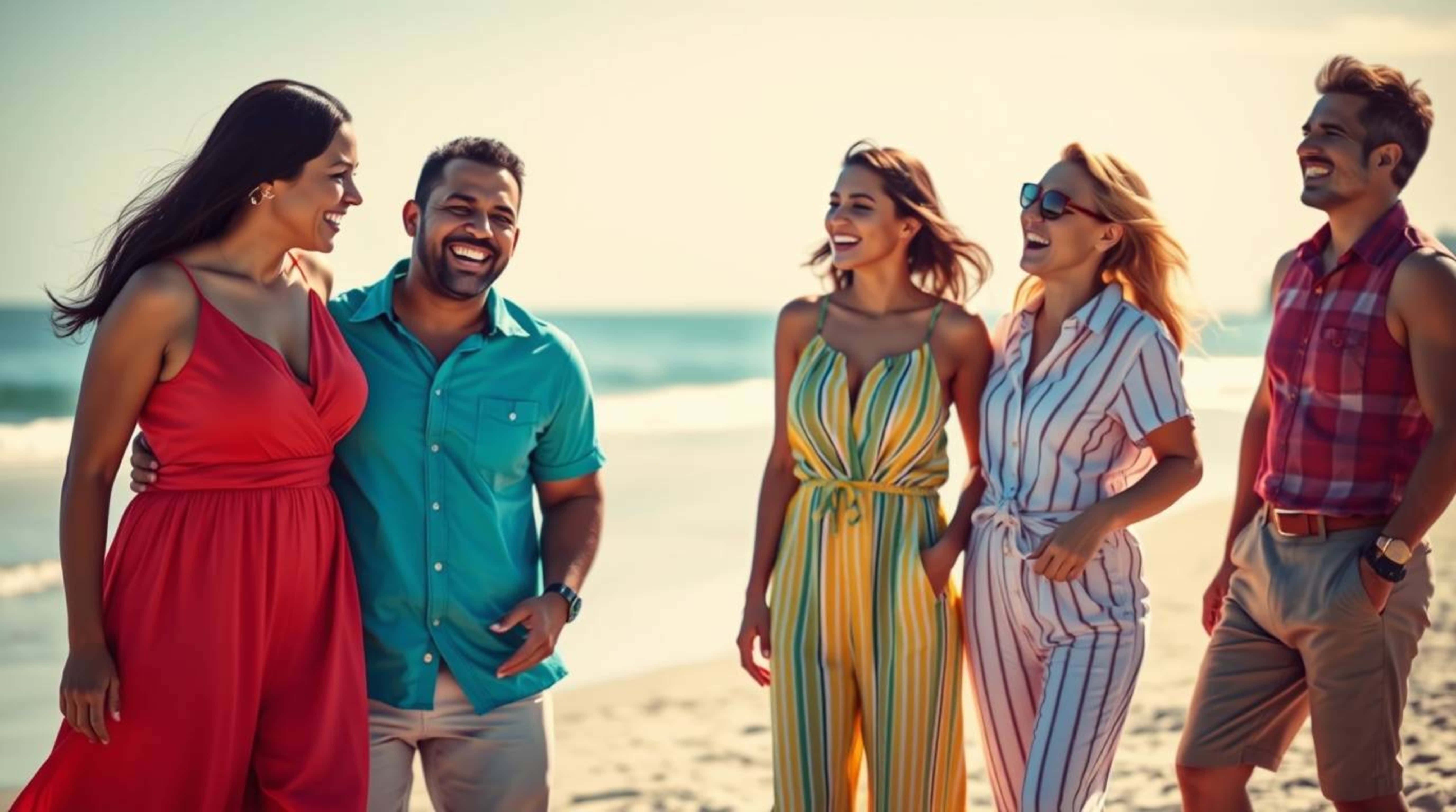 sunny beach, ocean waves, colorful summer clothes, 5K Desktop Wallpaper