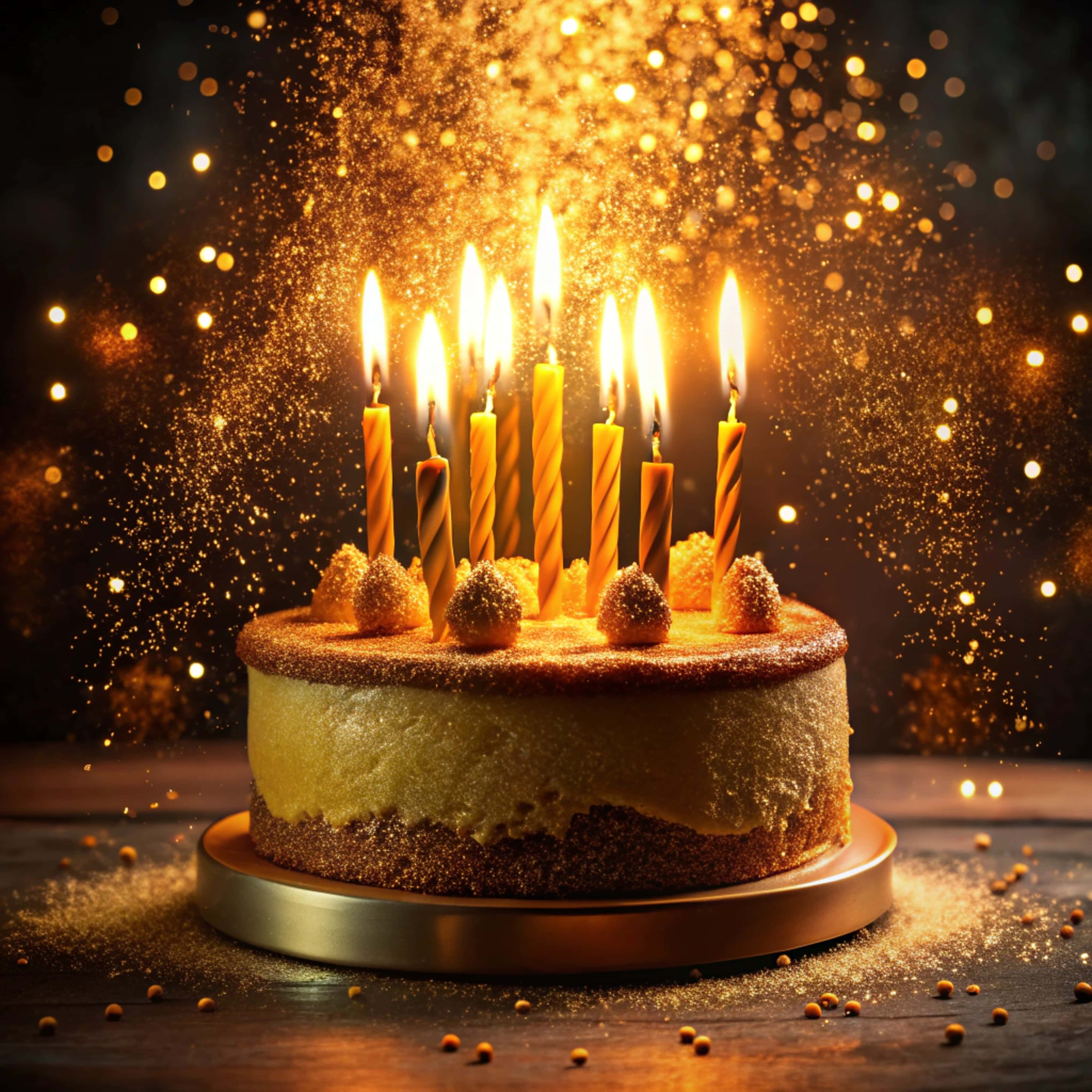 golden birthday cake, lit candles, sparkling glitter bursts, 4K Desktop Wallpaper