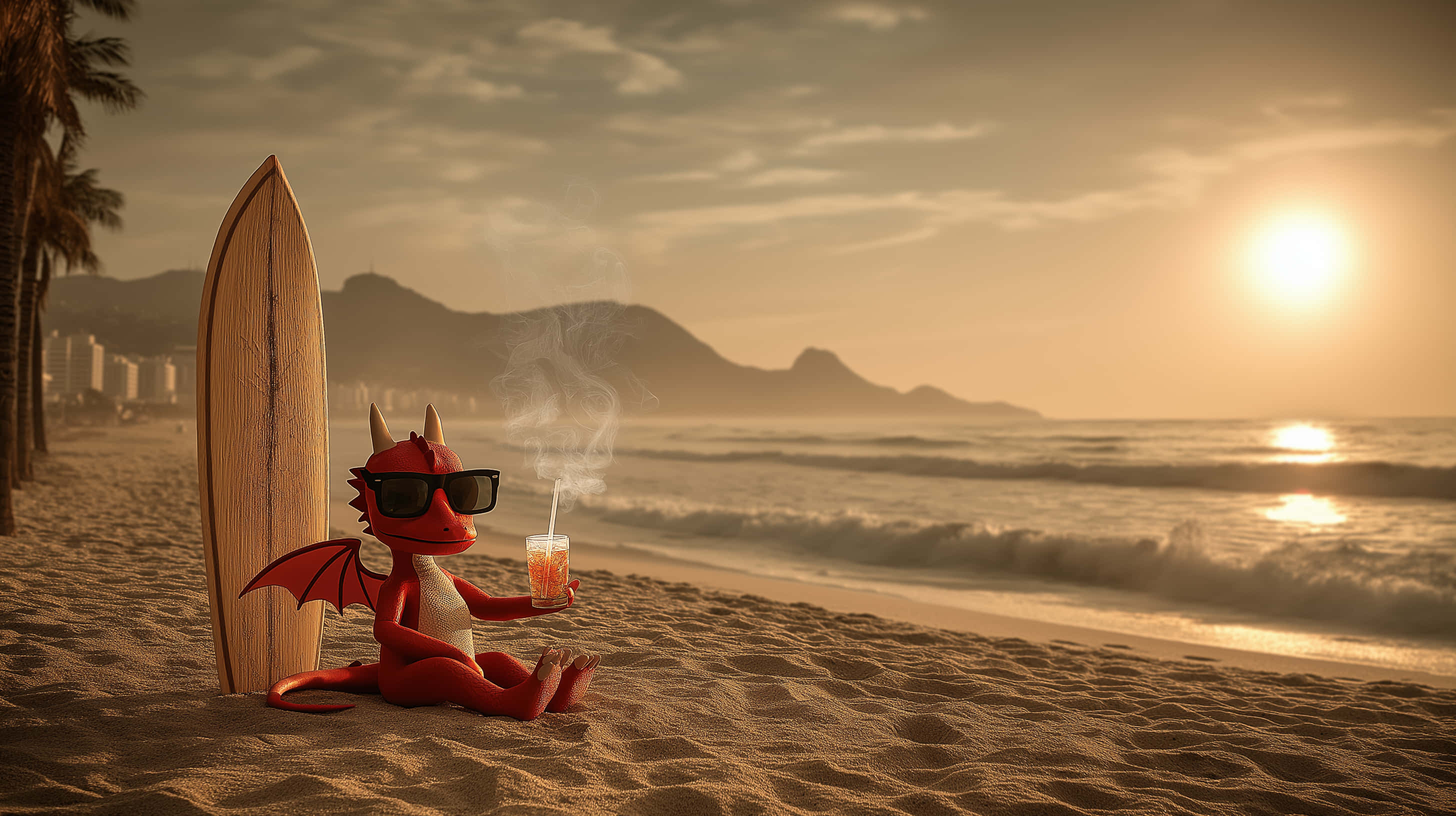 red cartoon dragon, sunglasses, surfboard, 2K Desktop Wallpaper