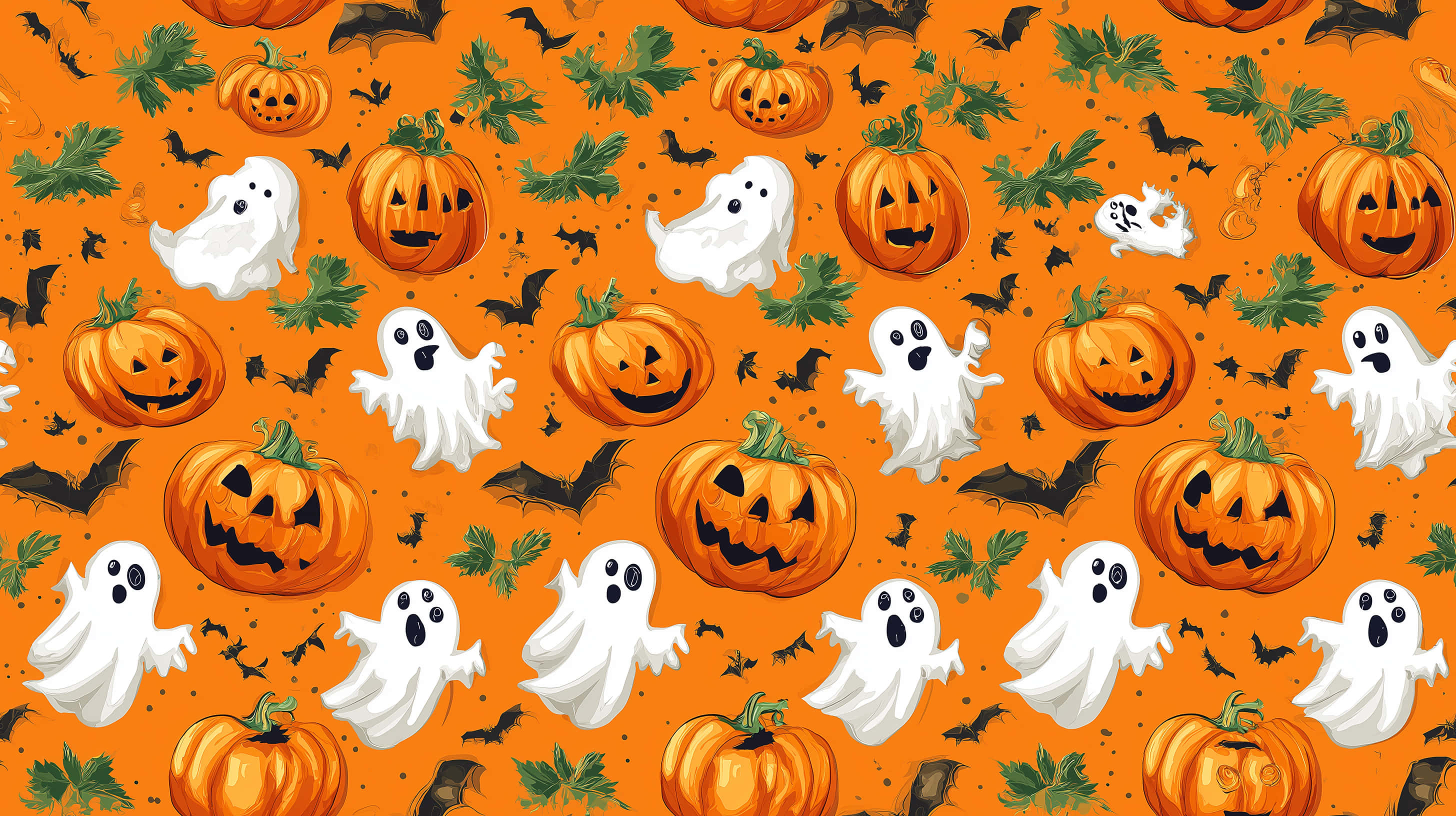 jack-o-lanterns, white ghosts, black bats, 2K Desktop Wallpaper
