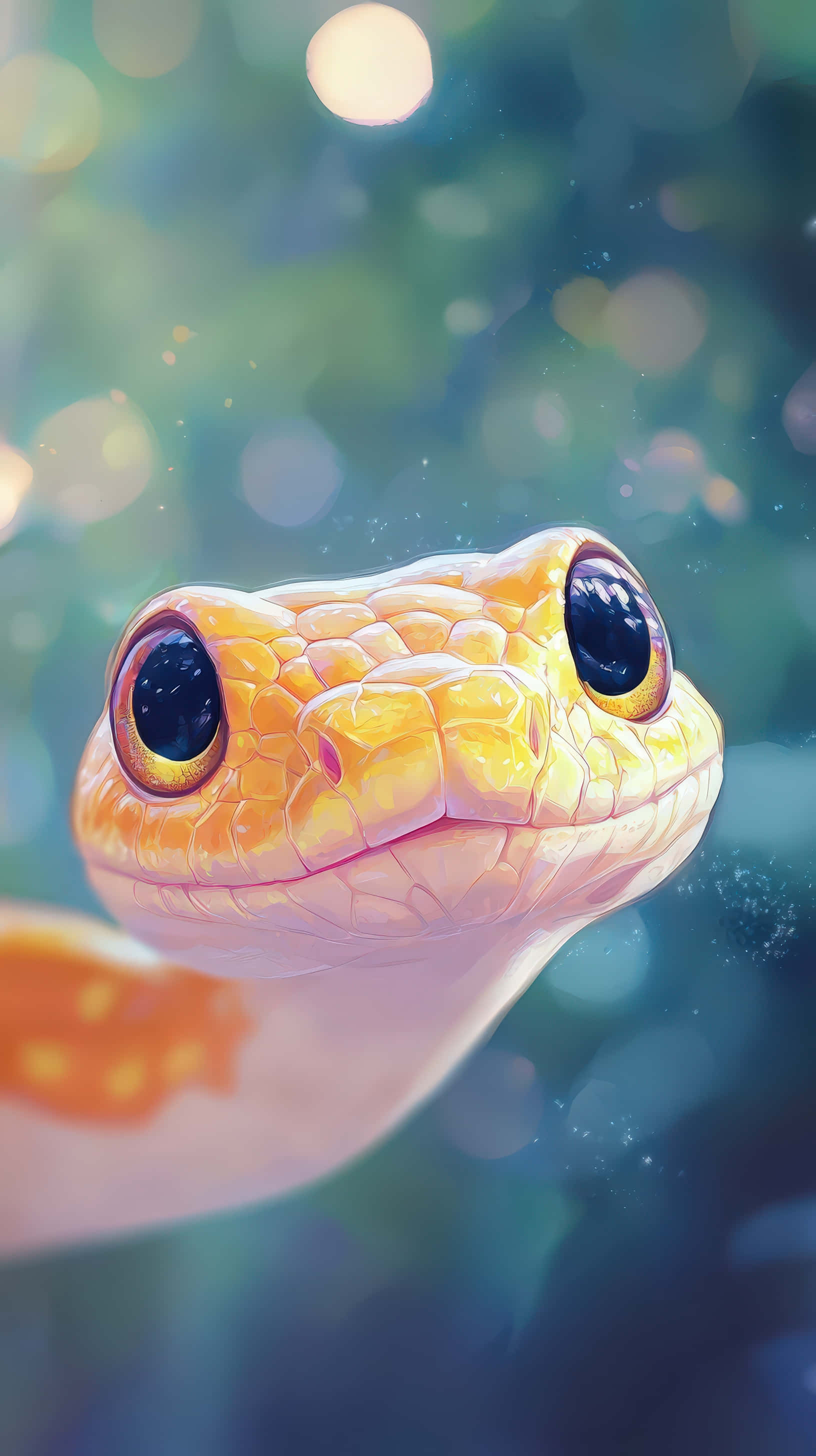 golden snake, large dark eyes, soft bokeh background, 2K Phone Wallpaper