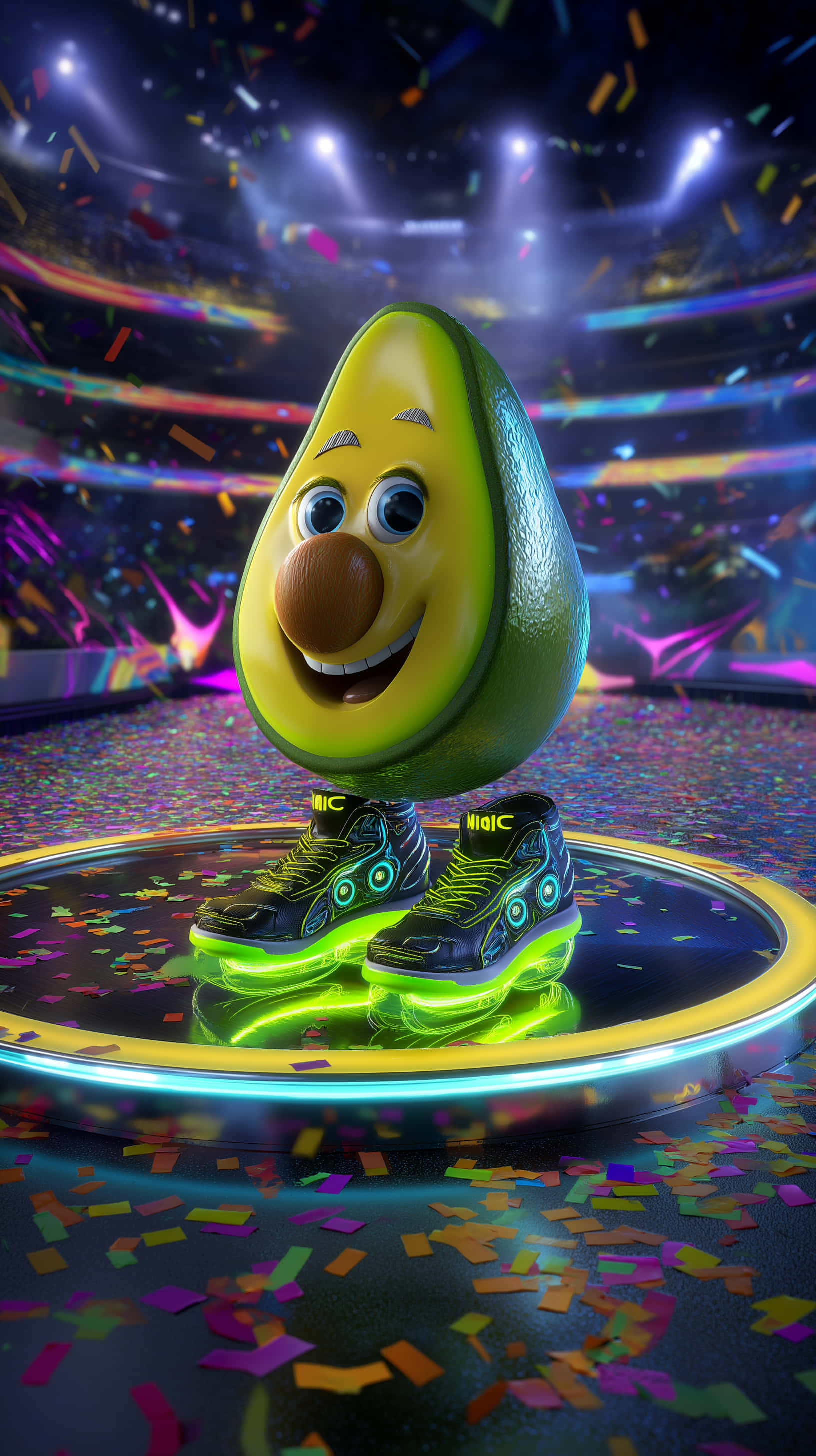 joyful avocado character, luminous stage, glowing roller skates, 2K Phone Wallpaper