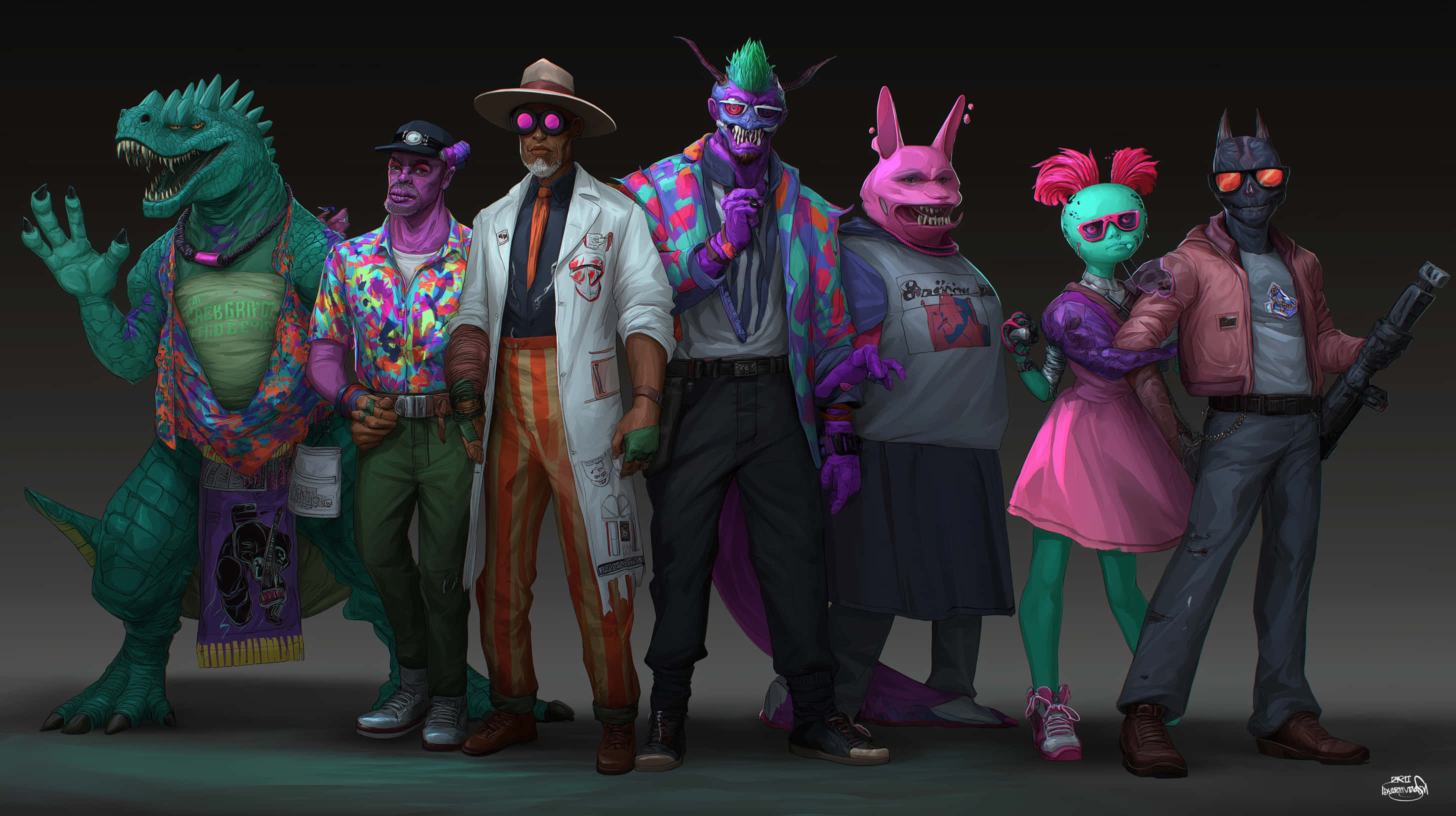 anthropomorphic monsters, colorful retro outfits, dark gradient background, 2K Desktop Wallpaper