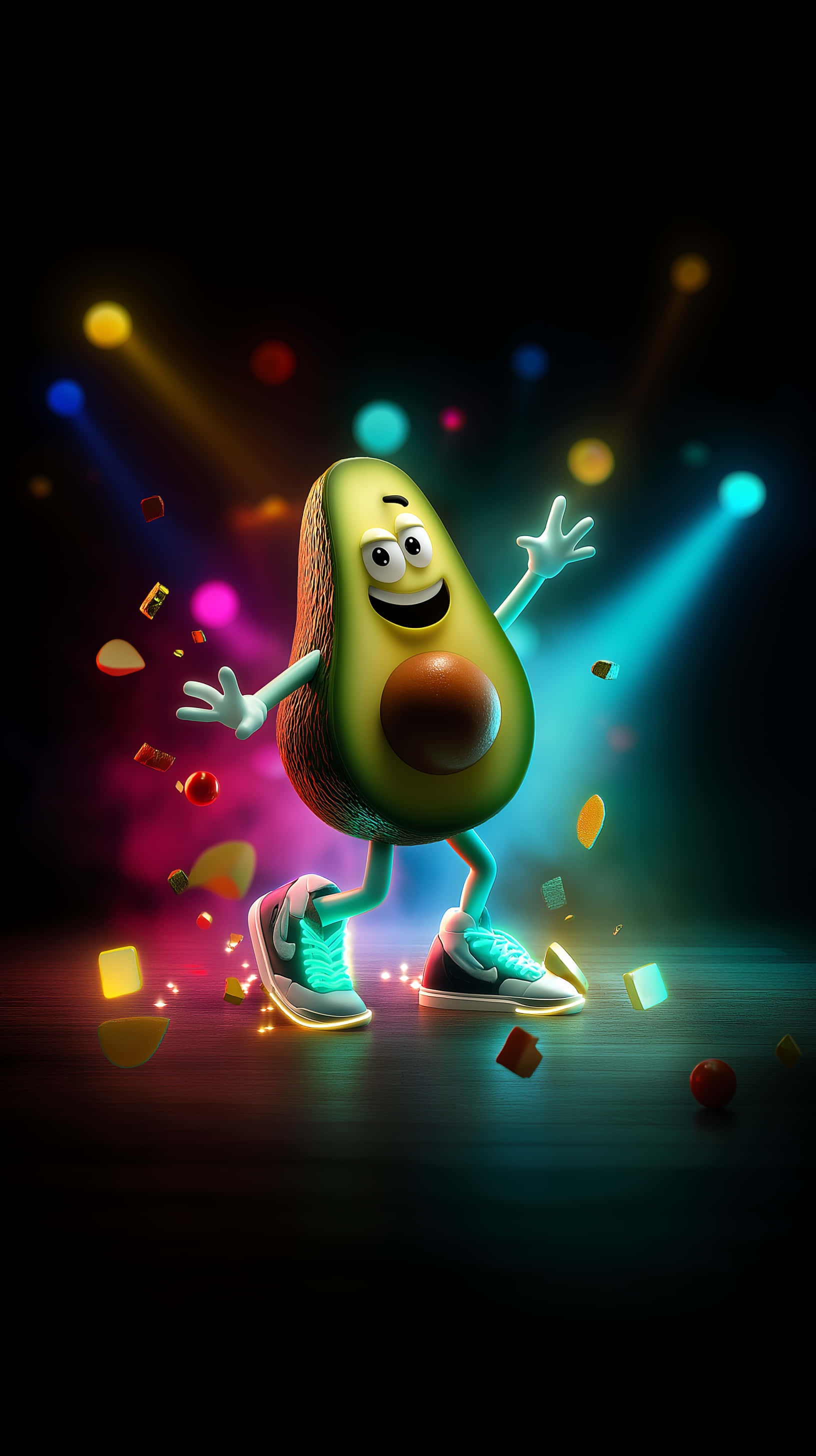 joyful avocado character, luminous footwear, colorful stage lights, 2K Phone Wallpaper