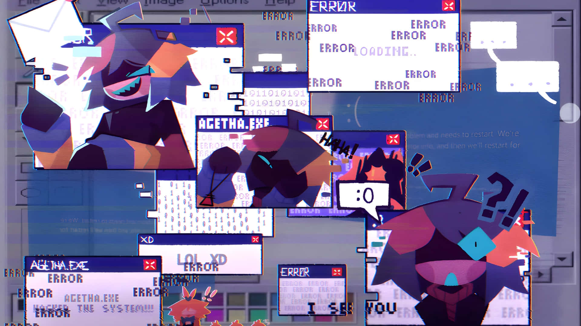 Fundamental Paper Education, glitchy error windows, stylized cartoon characters, Full HD Desktop Wallpaper