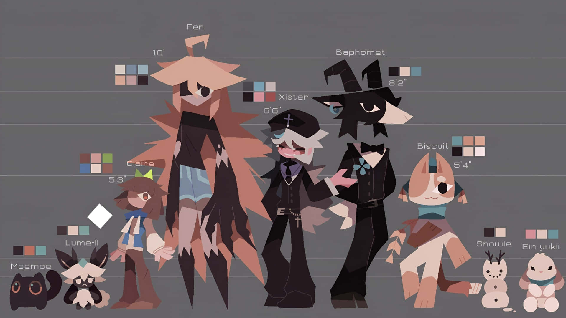 character design fundamentals, stylized anthropomorphic characters, height and color swatches, Full HD Desktop Wallpaper