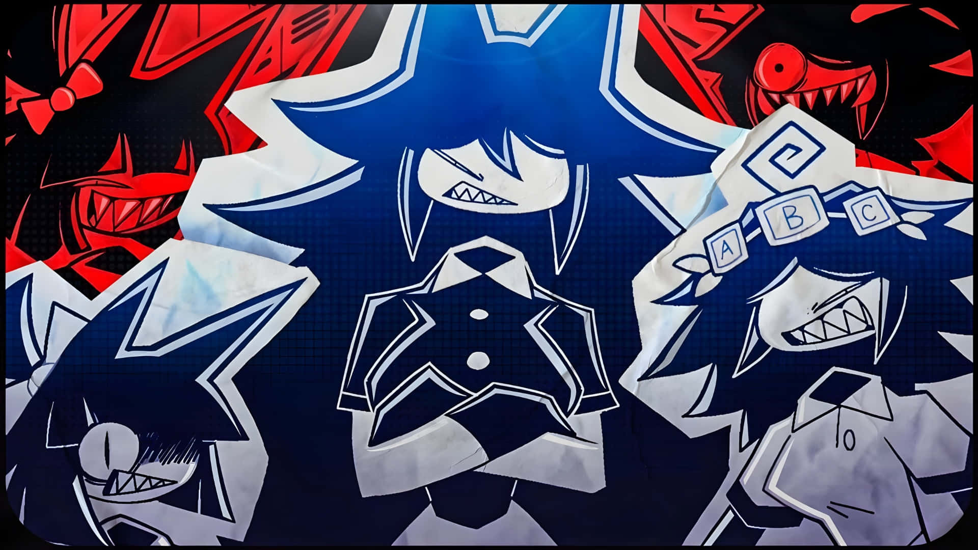 Fundamental Paper Education, anime-style characters, sharp blue and red outlines, Full HD Desktop Wallpaper