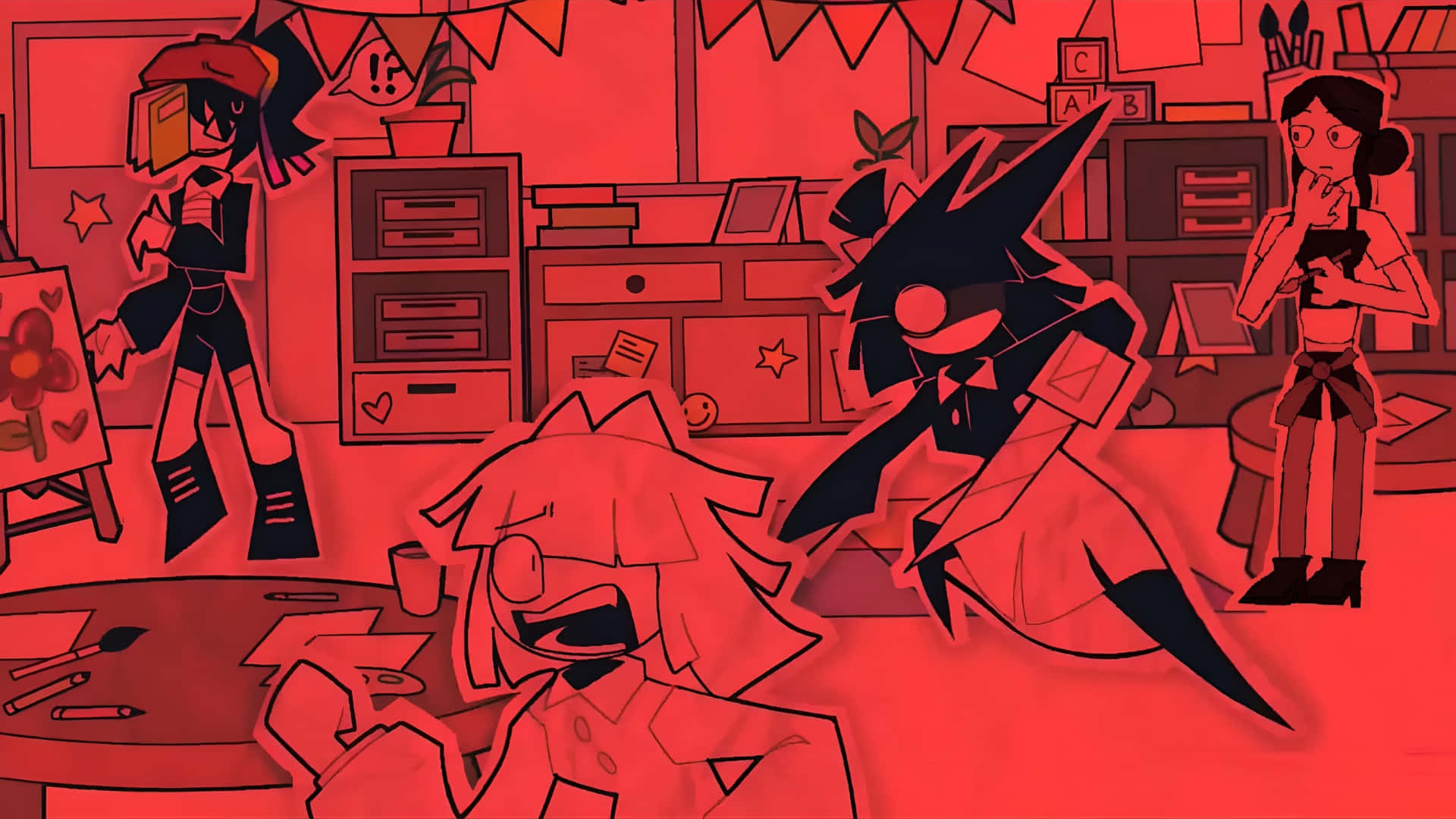 Fundamental Paper Education, anime characters, cluttered red-tinted classroom, Full HD Desktop Wallpaper