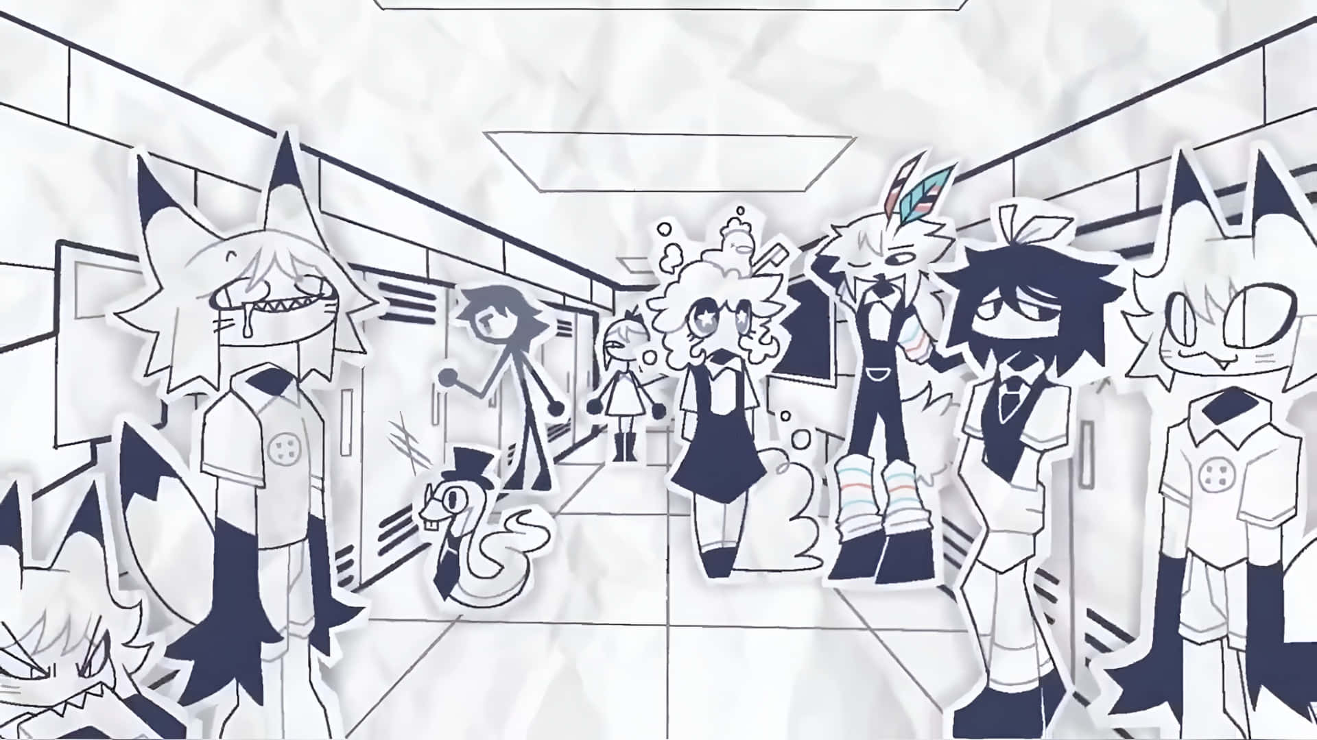 Fundamental Paper Education, black and white cartoon characters, animal ears, Full HD Desktop Wallpaper