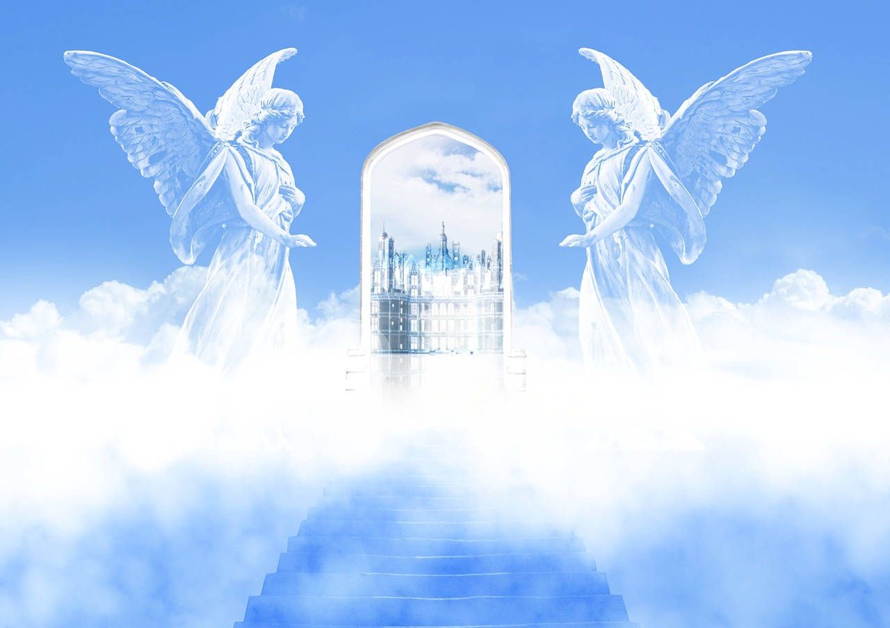 Funeral Clouds, angel statues, glowing archway, HD Desktop Wallpaper