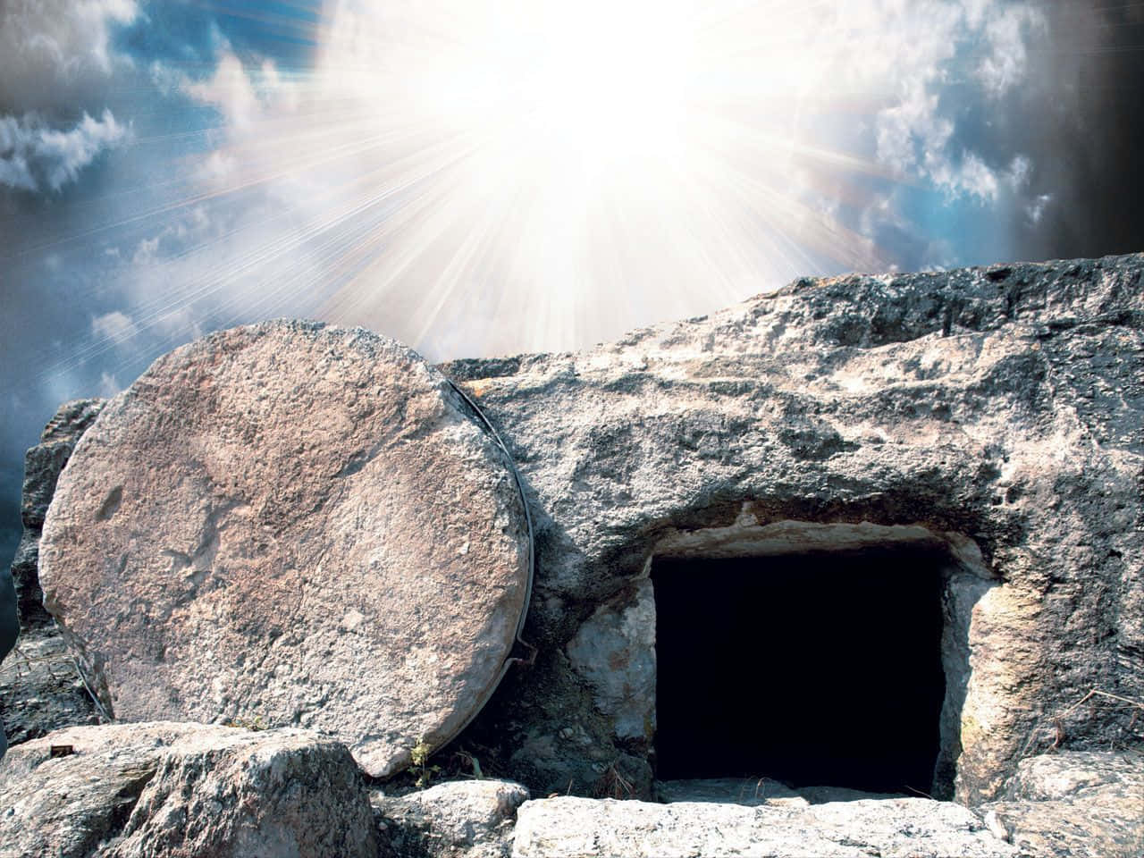 empty tomb, white clouds, stone slab, HD Desktop Wallpaper