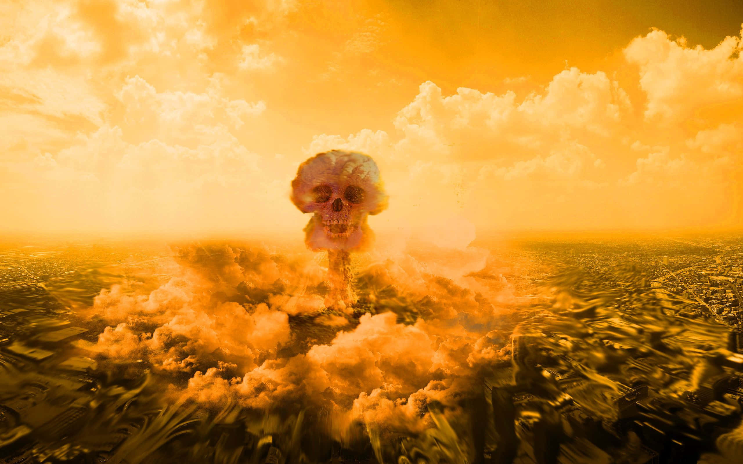 apocalyptic nuclear explosion skull cloud, glowing skull, swirling orange clouds, 2K Desktop Wallpaper